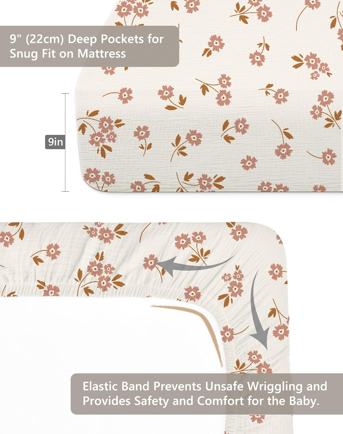 Crib Sheets for Baby Boy Girl 2 Pack, Fitted Crib Mattress Sheet 28" x 52", Muslin Toddler Bedding with Neutral Style, Nursery Bedding Essentials (Floral & Pink)