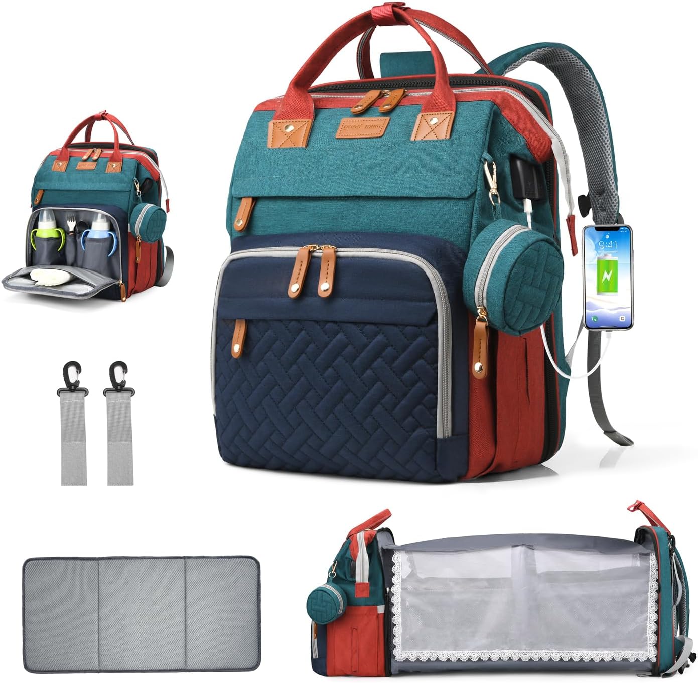 Diaper Bag Backpack, Multifunction Waterproof Diaper Bag for Baby, with Diaper Changing Station, Newborn Essentials Must Haves, Baby Portable Bag, Unisex, RGB