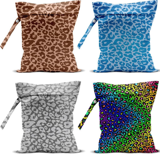 4 Pack Colorful Neon Leopard Print Wet Bag Waterproof Reusable Wet Dry Bag for Swimsuit Dirty Clothes Diaper Travel Pool Beach Yoga Gym Travel Party Birthday Christmas Toiletries Beach Essentials
