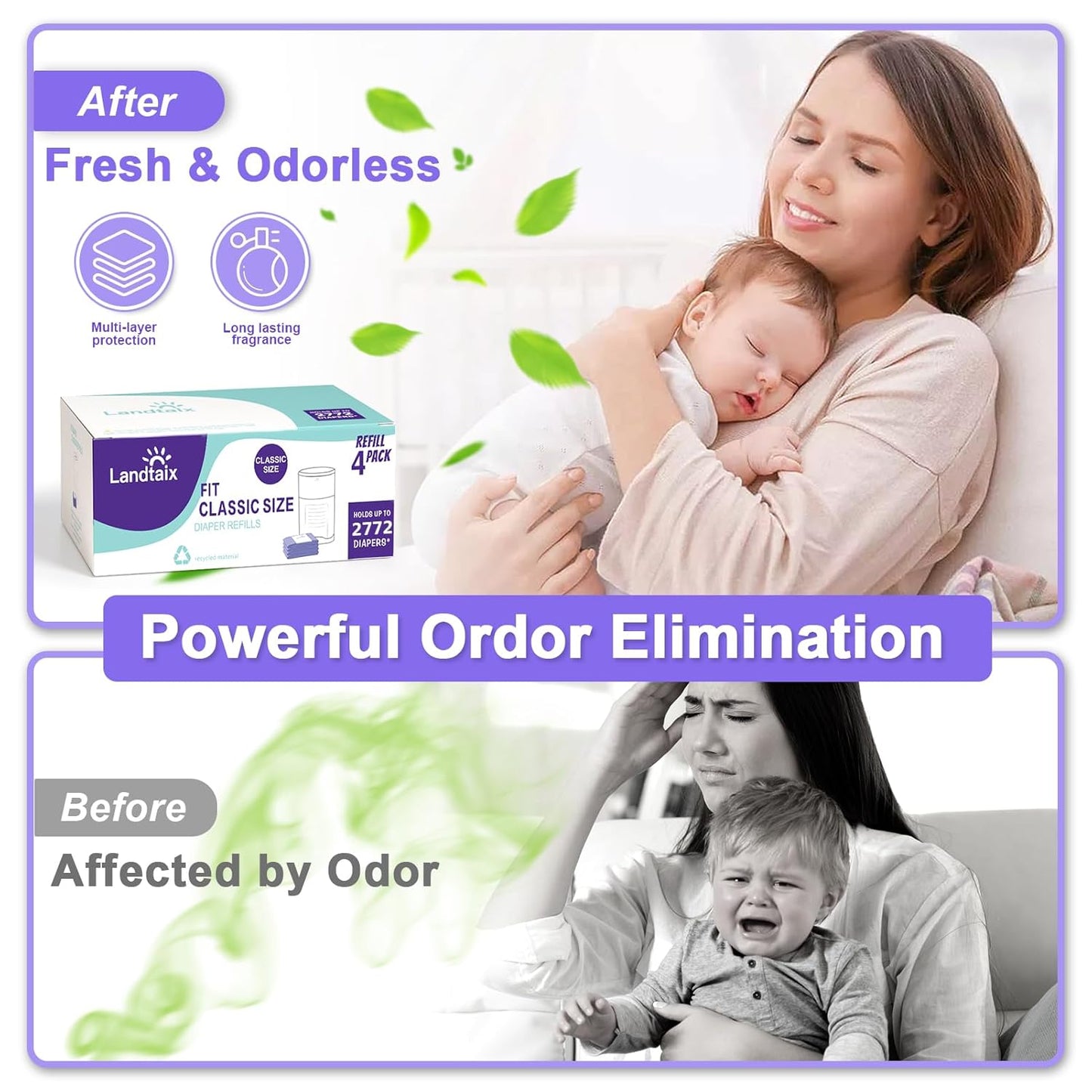 Refills Only Compatible with Dekor Classic Diaper Pail Refills|4 Pack for 2772 Diapers(Extra 40% Lengths)Diaper Pail Bags with Extra 30% Thickness Powerful Odor Eliminate Lavender Scent for Baby/Adult