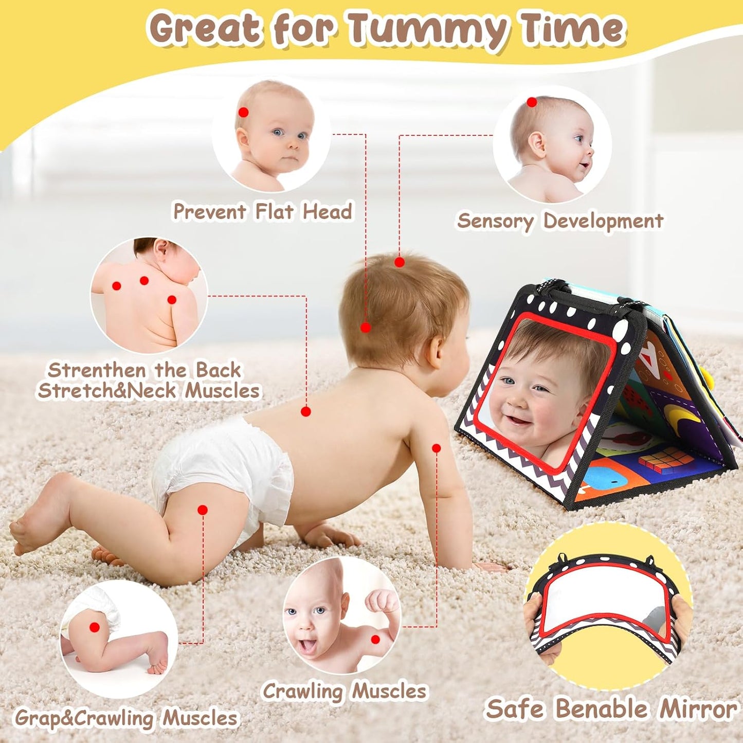 URMYWO Tummy Time Toy - Black and White High Contrast Baby Toys for Newborn - Baby Visual Stimulation Mirror - Montessori Sensory Crinkle Toy for Infant 0-3-6-12 Months - Shower Gift for Boy Girl