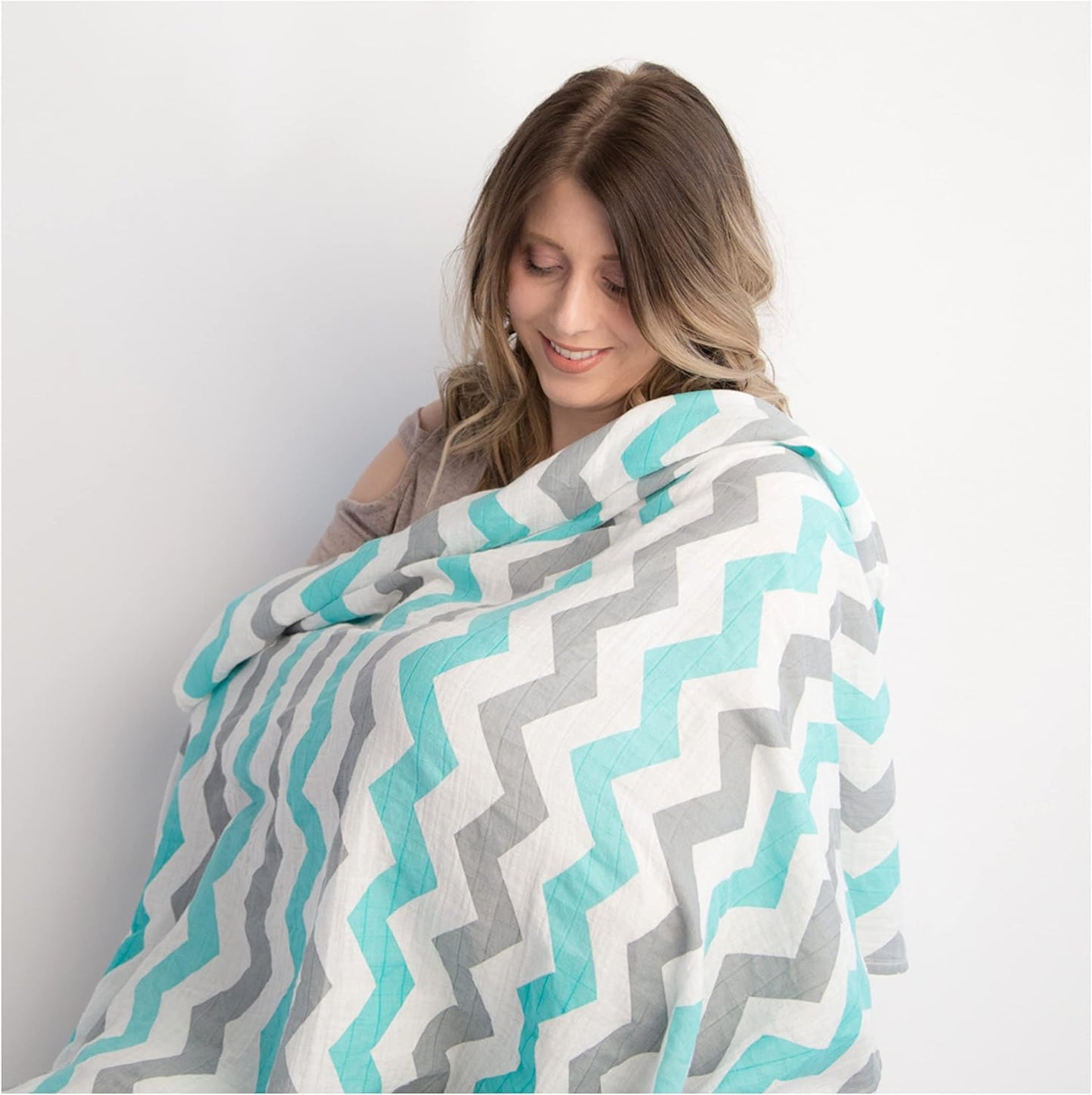 Newborn Bamboo Rayon Swaddle Wraps | Baby Receiving Blankets 3 pk: Wrap & 2 Muslin Square Blankets - Light Blue & Grey Chevron Stripes & Stars