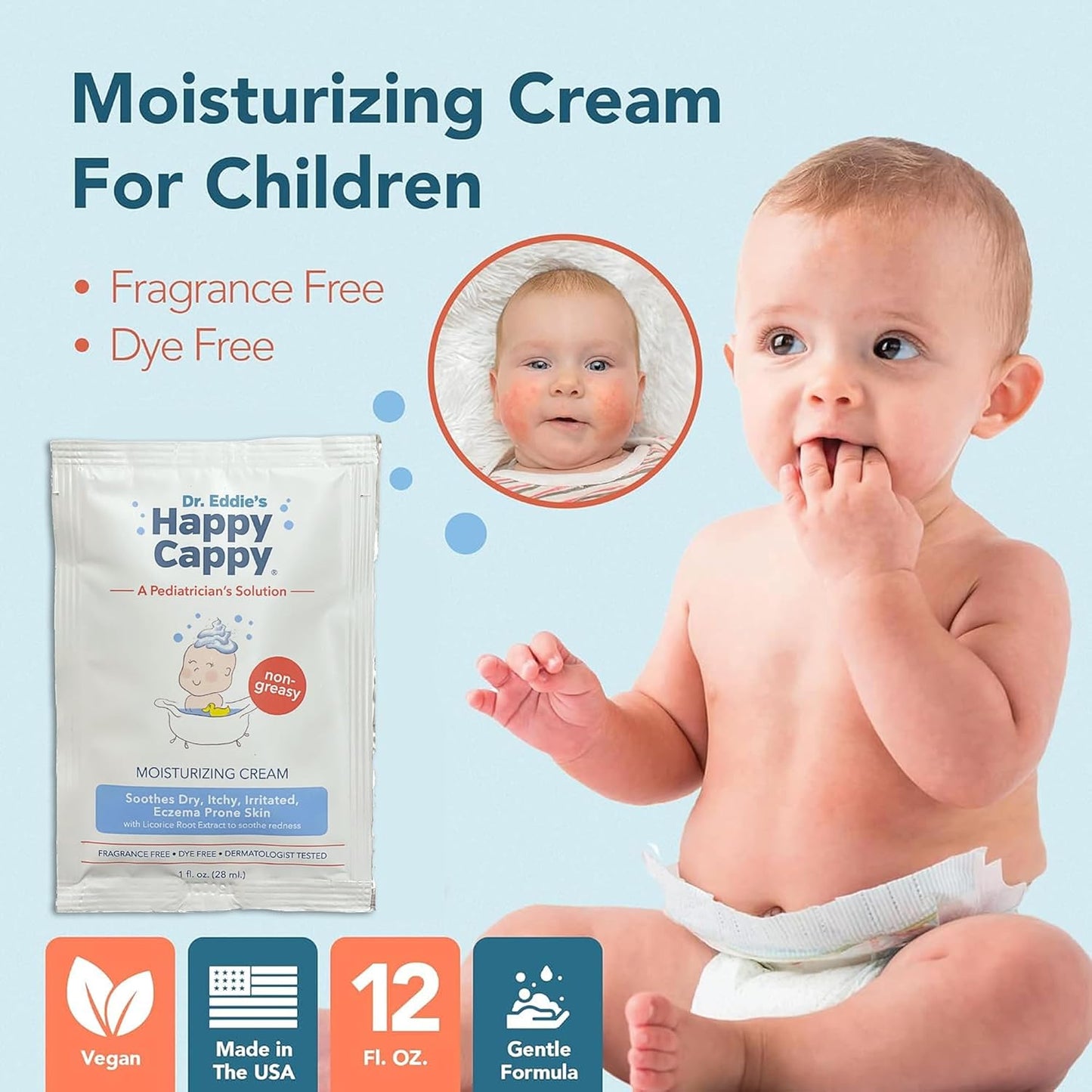 Happy Cappy Moisturizing Cream - Baby Cream for Eczema-Prone Skin, Dry Skin Lotion for Infants, Toddlers, & Kids, Pediatrician-Formulated, Sulfate Free - Travel-Size Packets, 1 Fl Oz (Pack of 8)