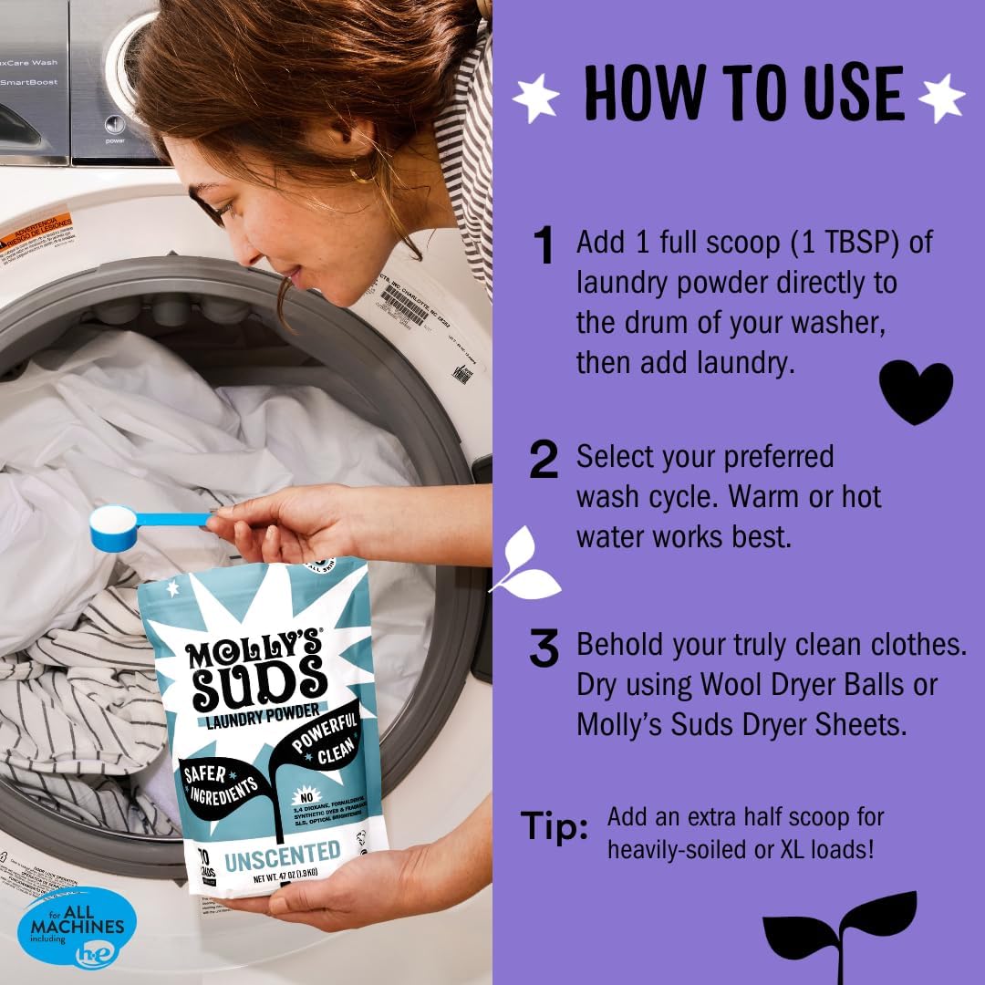 Molly's Suds Original Laundry Detergent Powder | Clean Laundry Detergent Powder for Sensitive Skin | Simple, Effective Ingredients, Stain Fighting | 120 Loads (Lavender)