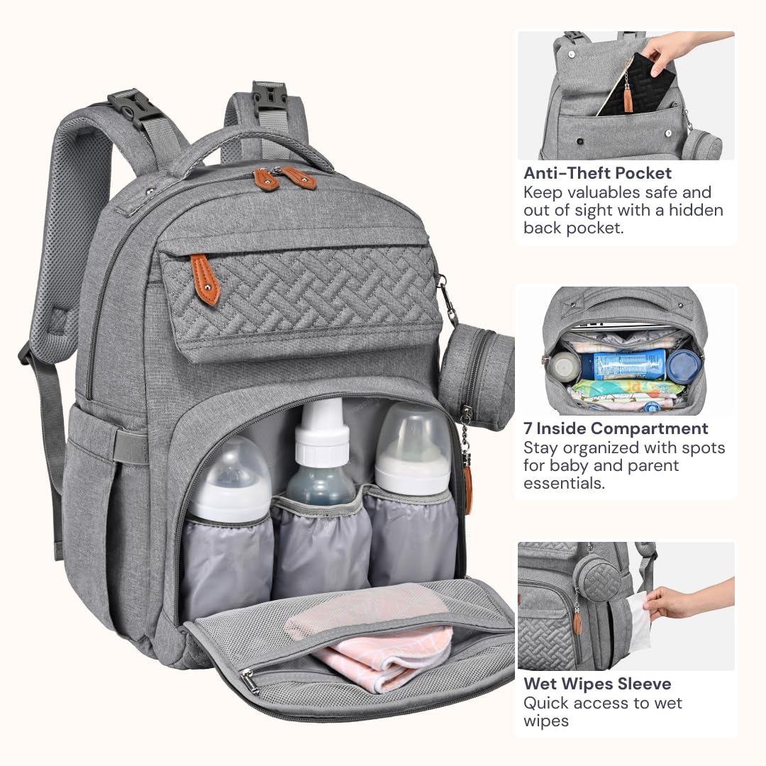 BabbleRoo Diaper Bag Backpack, Travel Backpack with Changing Pad, Pacifier Case & Stroller Straps, Multifunction, Waterproof, Unisex – Light Gray