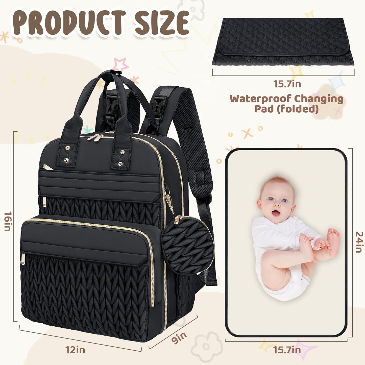 CandyHome Diaper Bag Backpack, Stylish Travel Baby Diaper Bags with Changing Pad, Insulated Pockets, Waterproof Baby Bag Converts into Tote Bag, Diaper Backpack, Stroller Bag (Black)