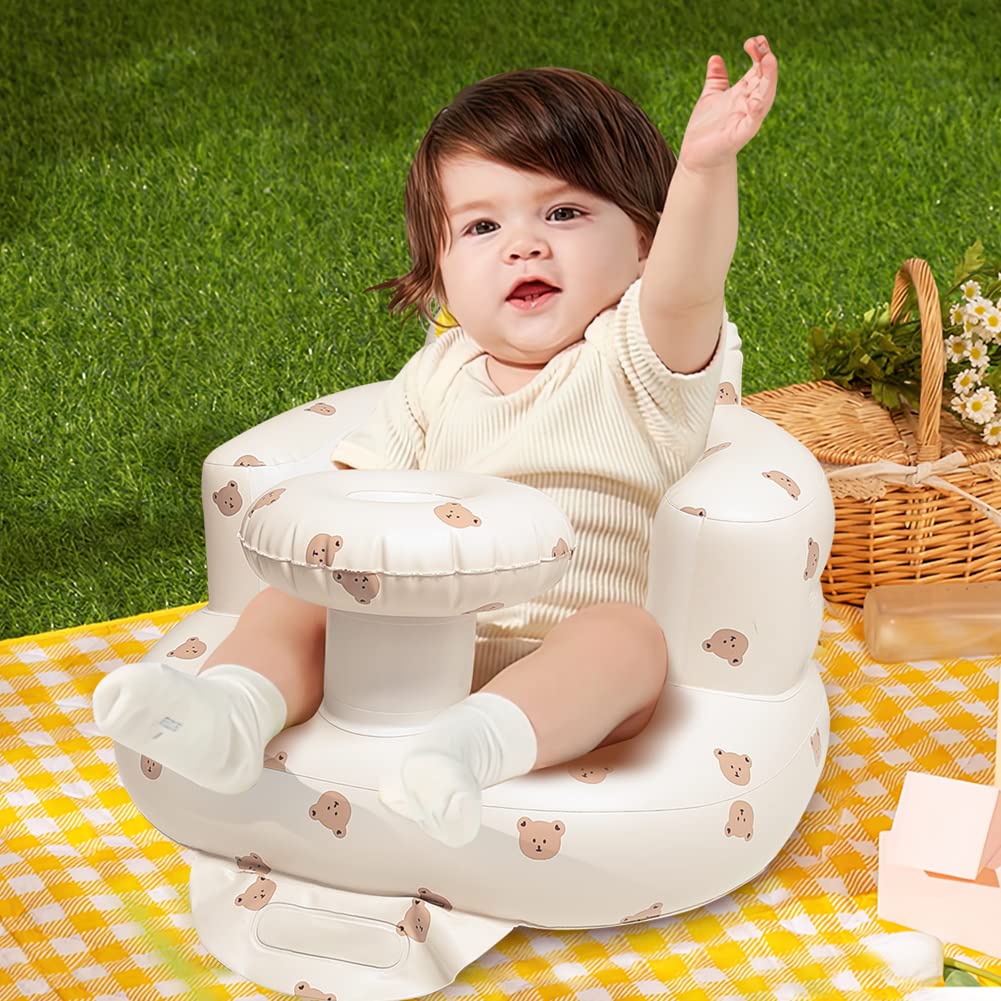 Inflatable sit up Chair for Babies 3-36 Months, Inflatable Baby Chair with Tray，Infant Back Support Sofa with Built in Air Pump for Inside and Outside (Brown Bear)