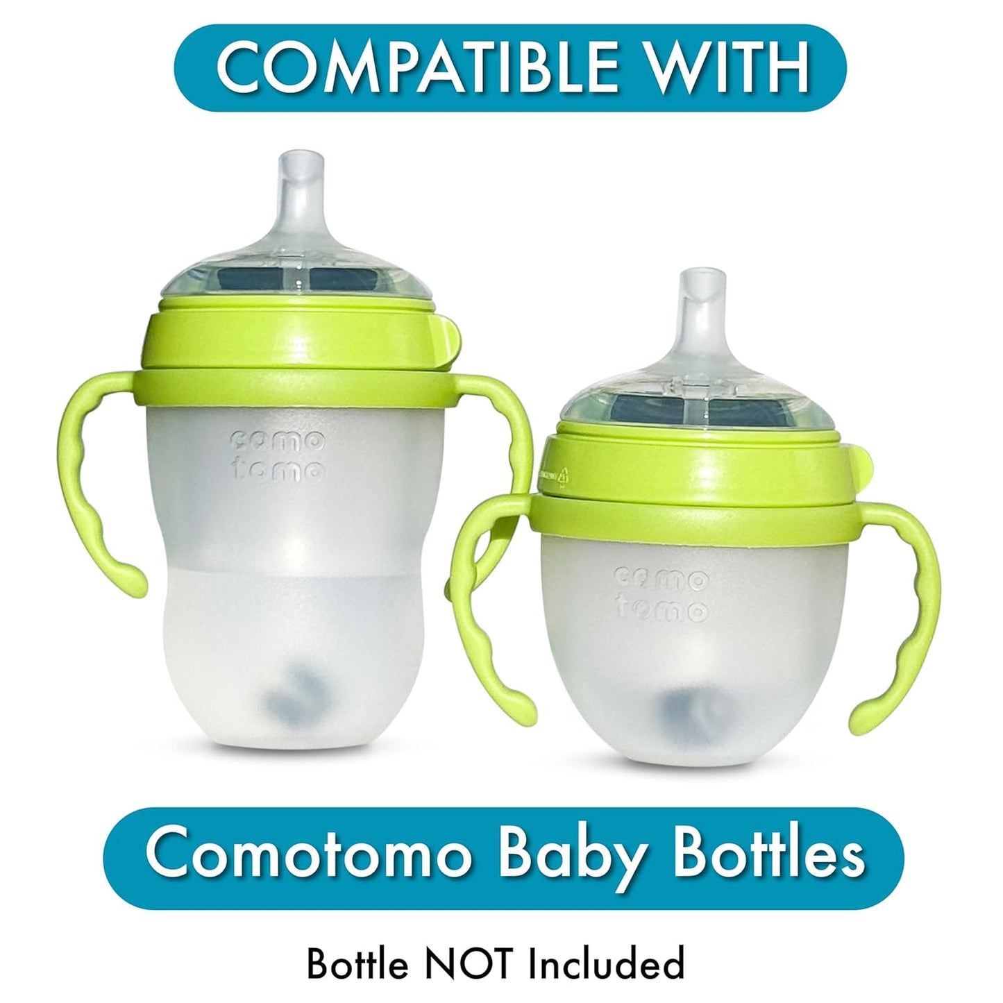 Straw Cup Conversion Kit for Comotomo Baby Bottles 2-Count, Food Grade Silicone Straw Nipples, All Silicone Weighted Straw, Bottle Handles and Cleaning Brush, BPA Free, 6+ Months (Straw Top, Green)