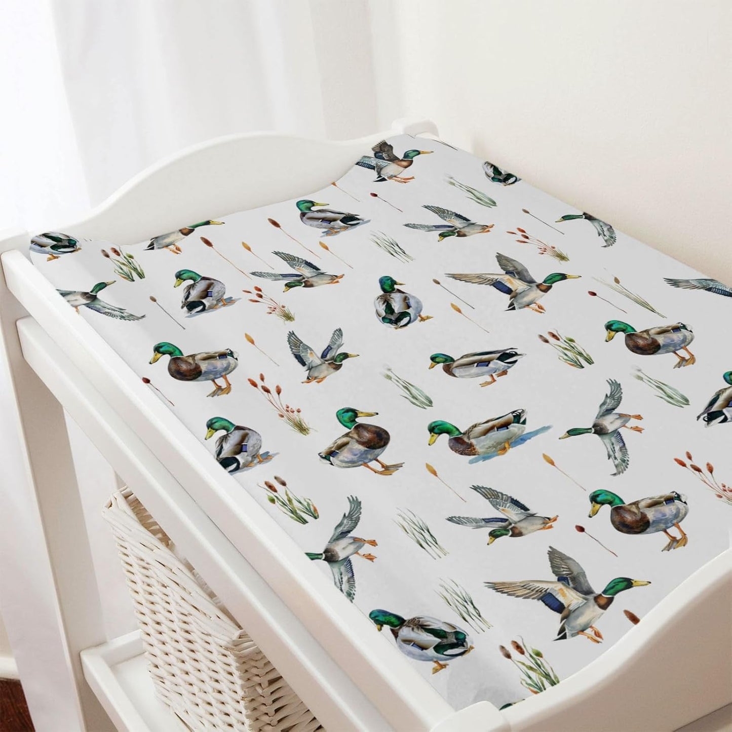 Watercolor Mallard Duck Hunting Changing Pad Cover Duck Hunting Nursery Decor Change Table Sheets for Baby Boy Girl Wild Duck Leaves Soft Breathable Stretchy Snug Fitted Changing Table Mats 32''x16''