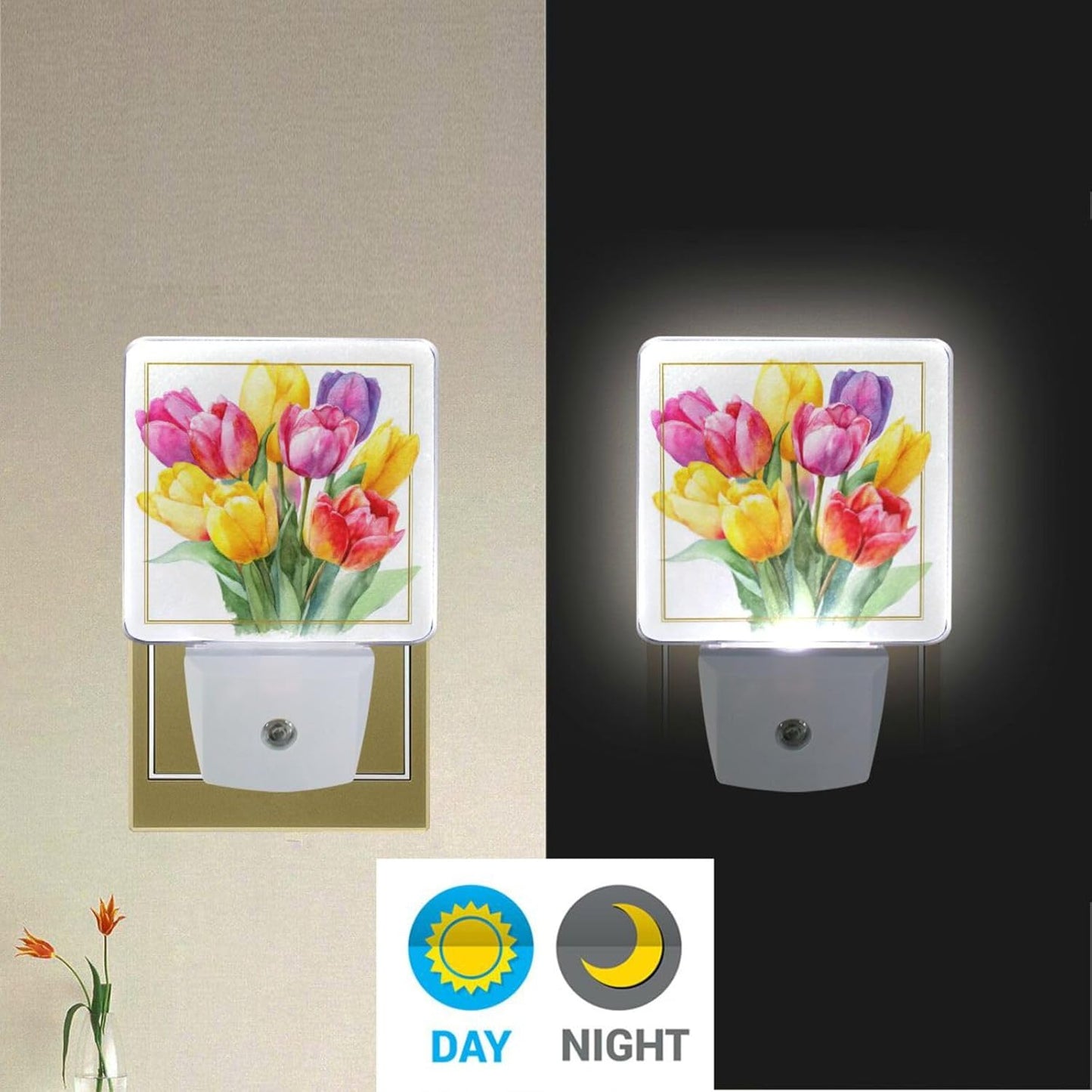 Aslsiy Night Light for Kids Watercolor Tulips in Vibrant Colors (4) Plug in Wall Lamp LED Dusk to Dawn Sensor Energy Saving Nightlight for Boys Girls Men Women