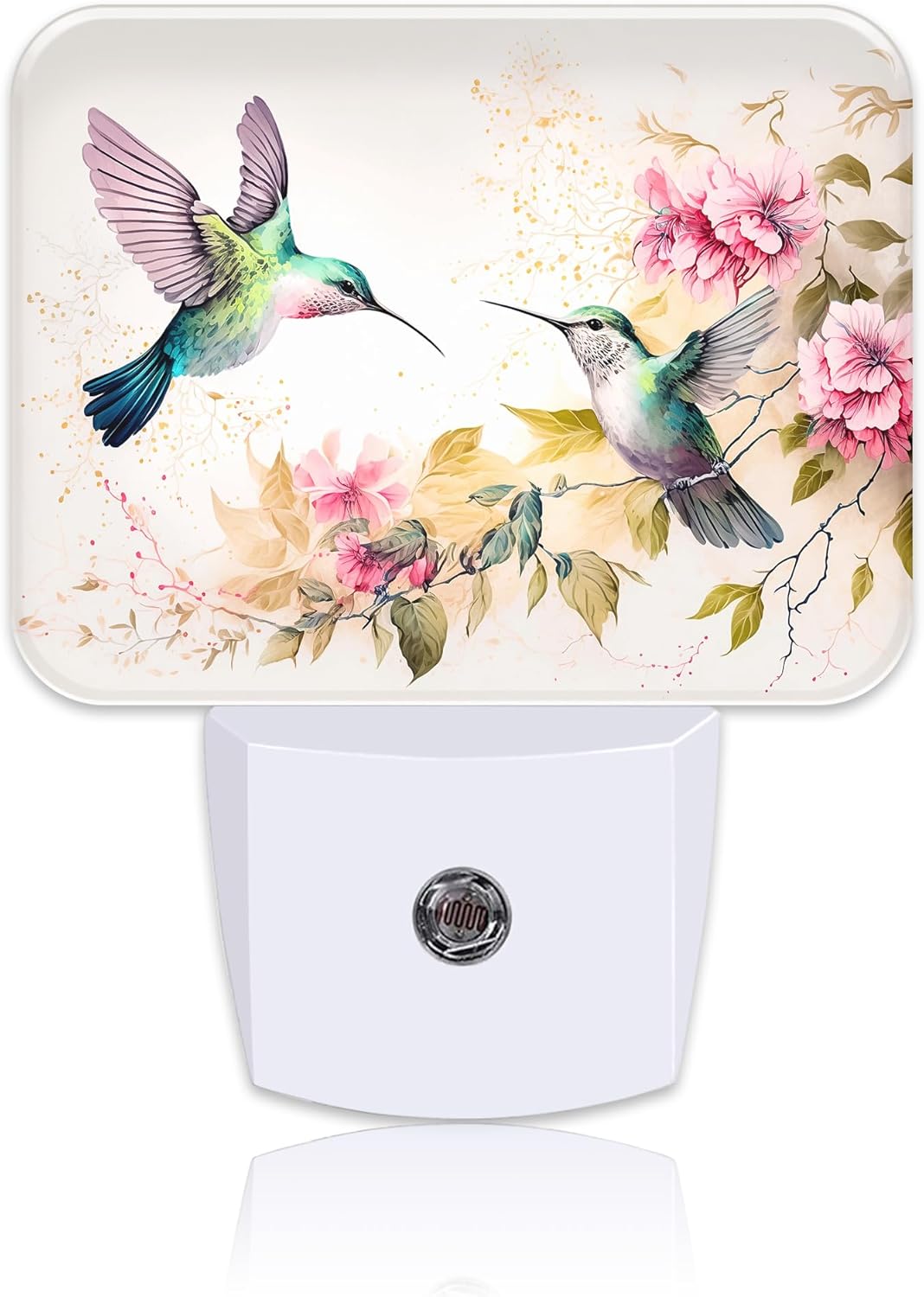Watercolor Hummingbird Night Light, Pink Flowers Leaves Nightlight Plug into Wall with Dusk to Dawn Sensor for Kid Girls Boys Women Men Bedroom, Hallway, Kitchen, Bathroom, Stairs Decor