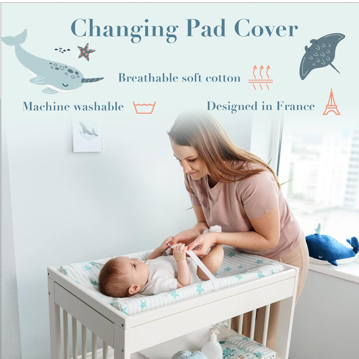 100% Cotton Changing Pad Cover for Baby Boys and Girls, Nautical - Breathable Bassinet, Mini Crib Mattress Fitted Sheets - Ocean Stars, 32"x16" with 8" Deep Pocket, Teal-White, 2 Pack
