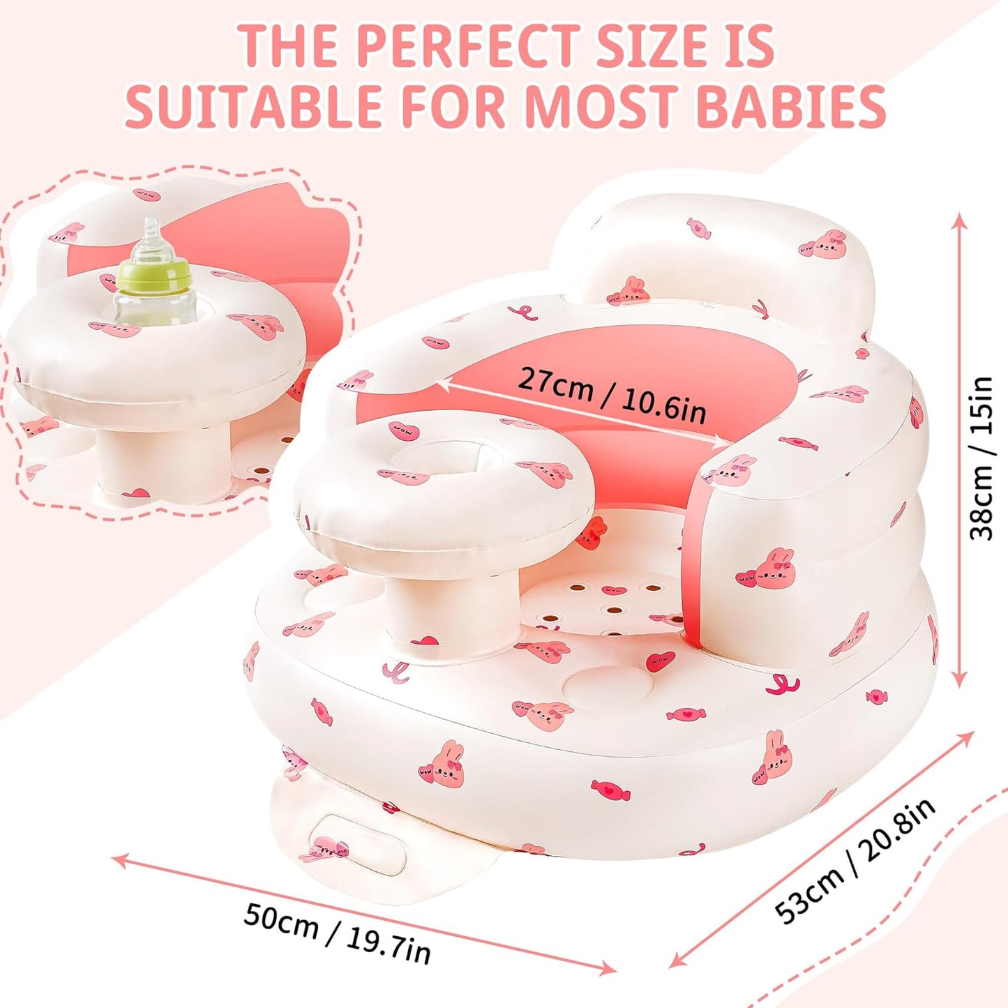 Inflatable Baby Seat for Babies 3-36 Months, Baby Chair with Tray & Built in Air Pump, Blow Up Floor Baby Seat with Back Support, Baby Chair Sit Me Up for Home, Travel (Bunny with Tray)