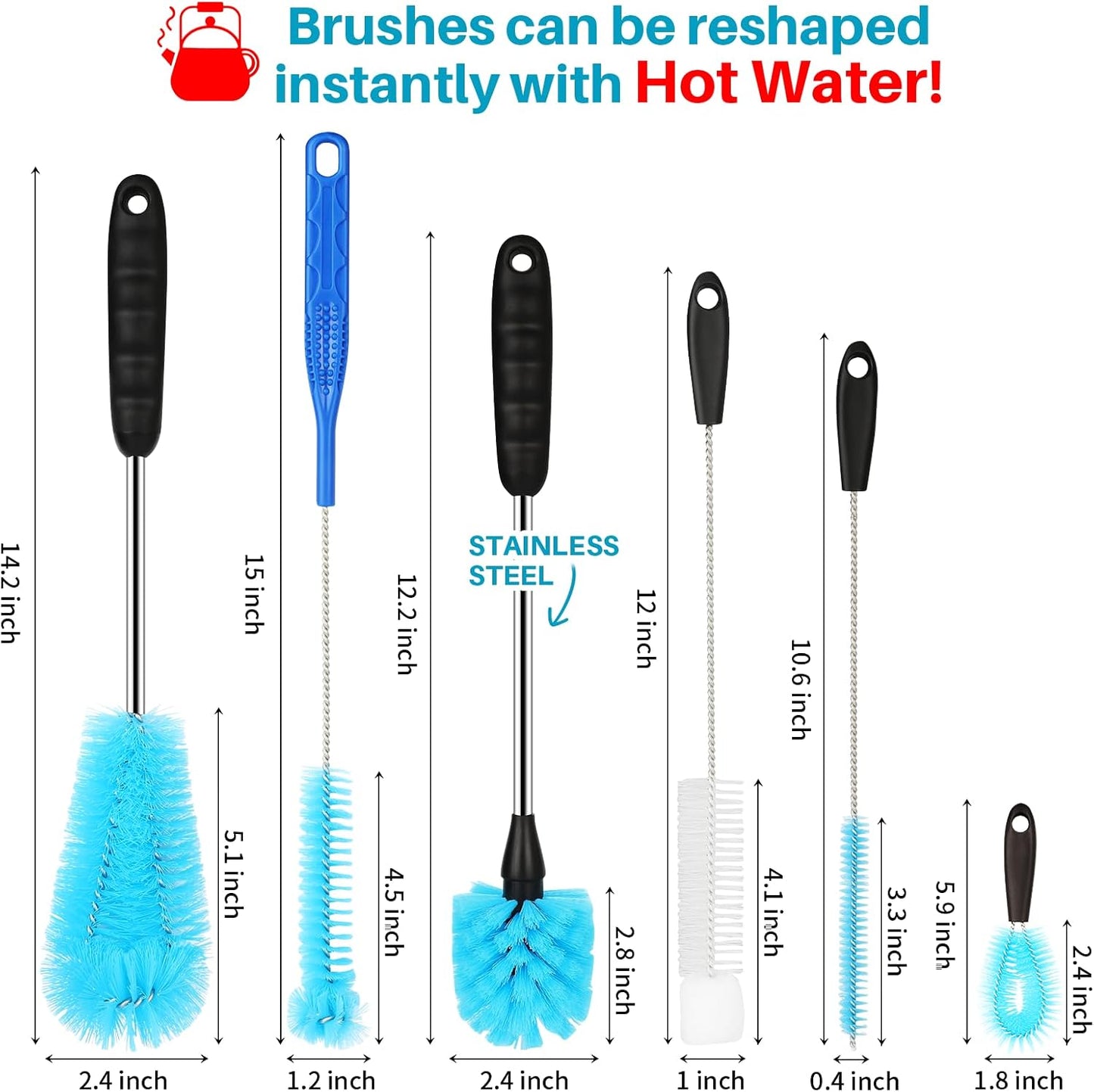 6 Pack Bottle Brush Cleaner Set, Long Handle Stainless Steel Water Bottle Cleaner Brush for Washing Sport Bottles, Narrow Neck Bottle, Baby Bottles, Dish, Flask, Straw, Cup Cover