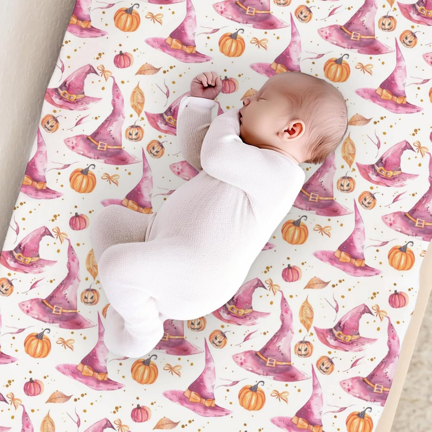 Watercolor Halloween Witch Hats Pumpkin Bows Leaves Pattern Baby Changing Pad Cover, Unisex Fall Winter Holiday Nursery Diaper Changing Table Pad Mat Sheet for Boys Girls-16x32