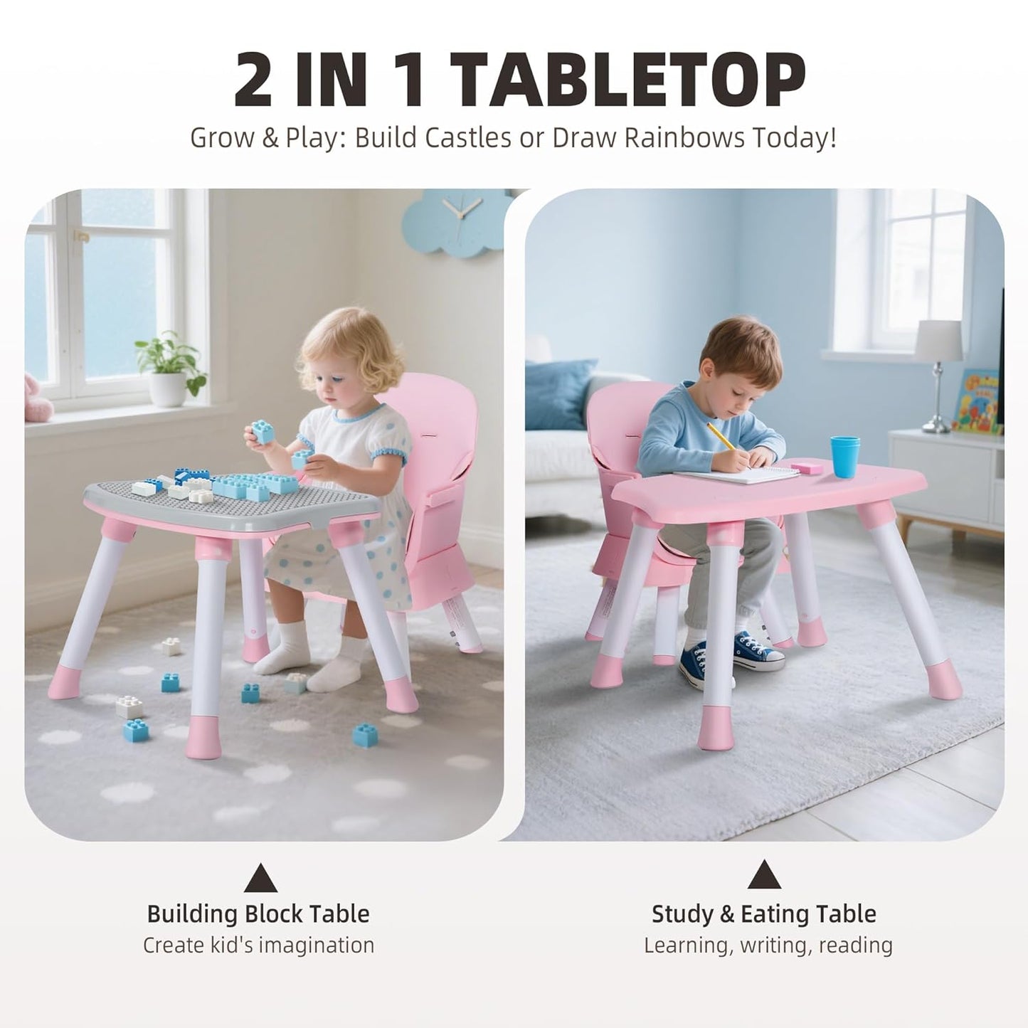 8 in 1 Baby Highchair, Convertible High Chair for Babies and Toddlers, Booster Seat w/5-Point Safety Belt, Toddler Building Block Table, Dishwasher Safe Tray, No Tool Install, Pink