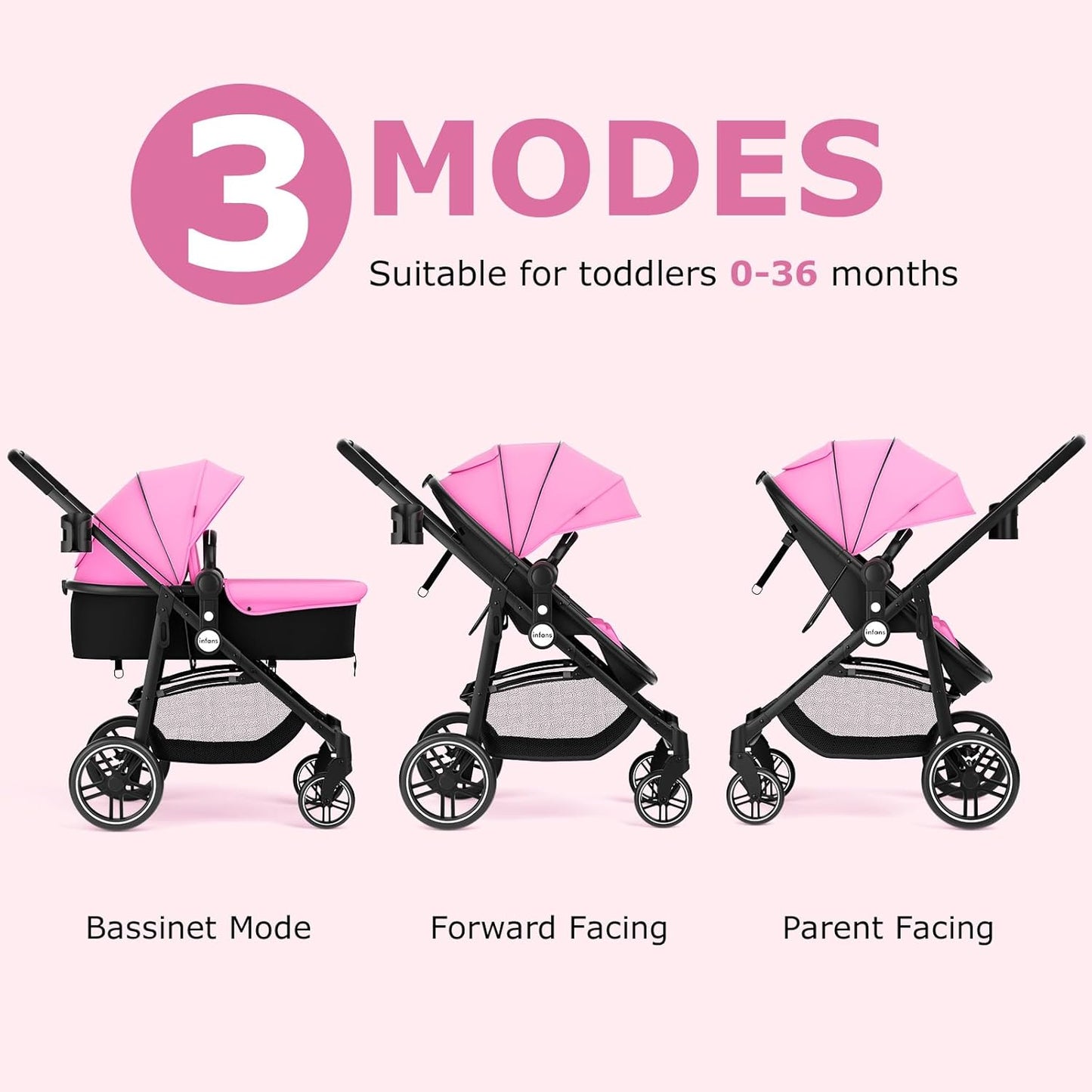 INFANS 2 in 1 Baby Stroller, High Landscape Infant Stroller & Reversible Bassinet Pram, Foldable Pushchair with Adjustable Canopy, Storage Basket, Cup Holder, Suspension Wheels (Pink)