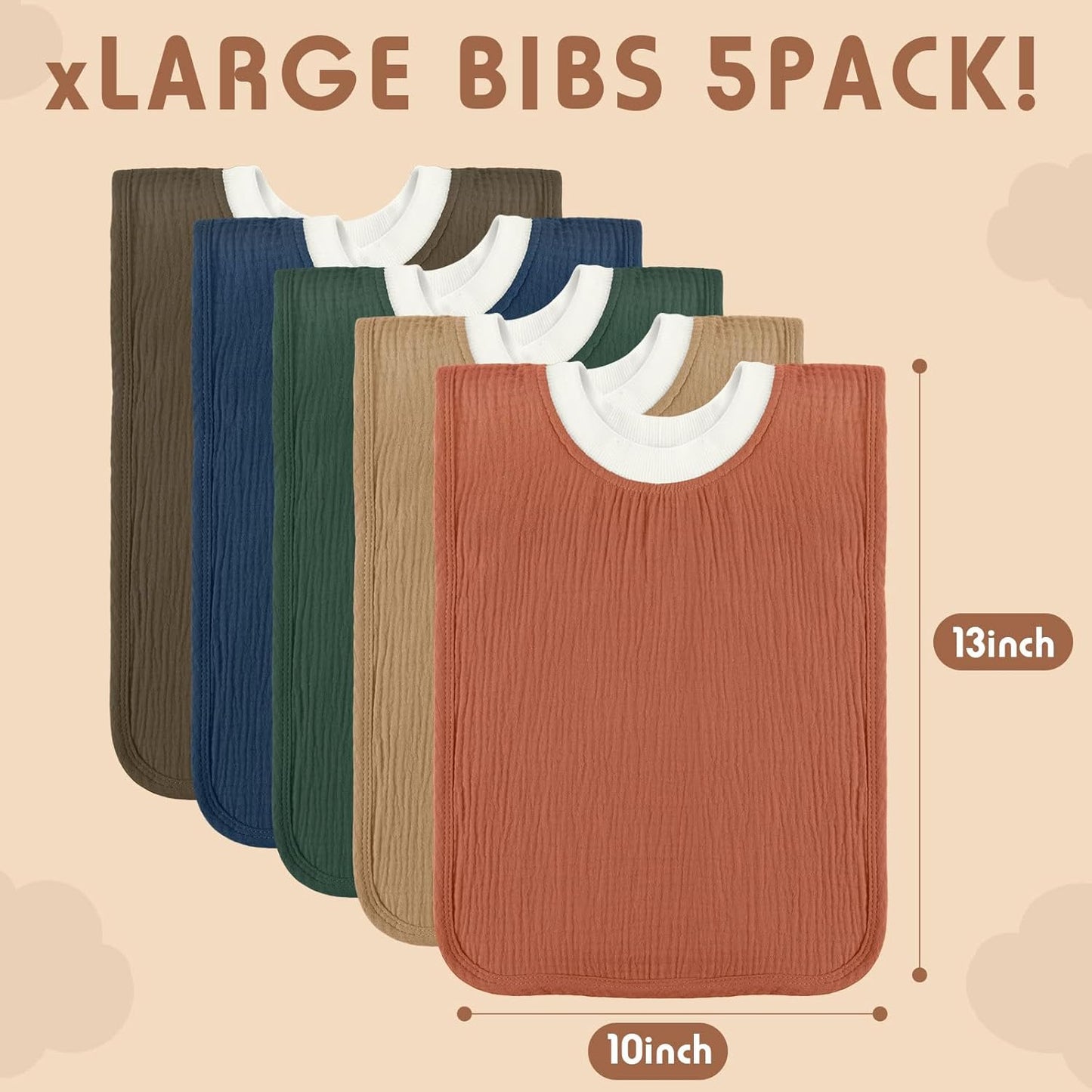 Newwiee 5 Pcs Large Muslin Pullover Baby Bibs Full Coverage Toddler Slip on Absorbent Bib Waterproof Toddler Towel Bibs (Stylish Color)