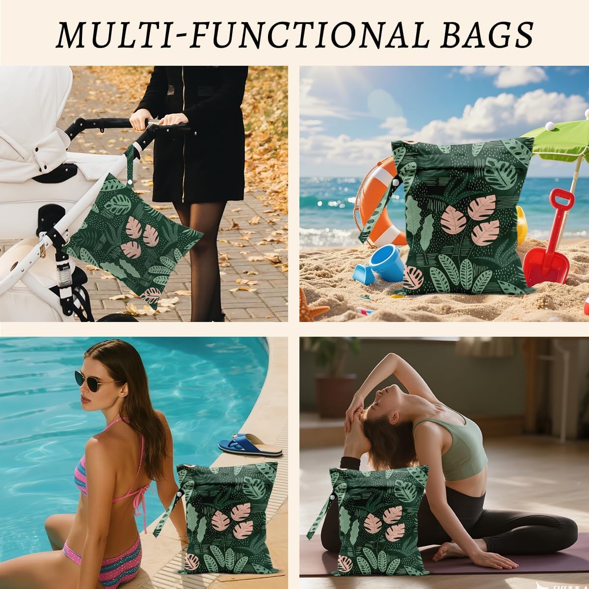 Plant Wet Bags 12x10 Inch, Summer Waterproof Wet Dry Bags, Palm Leaves Reusable Washable Travel Laundry Bag for Swimsuit Beach Diapers Dirty Yoga Gym Clothes, Plant Gifts for Women Friend Travelers