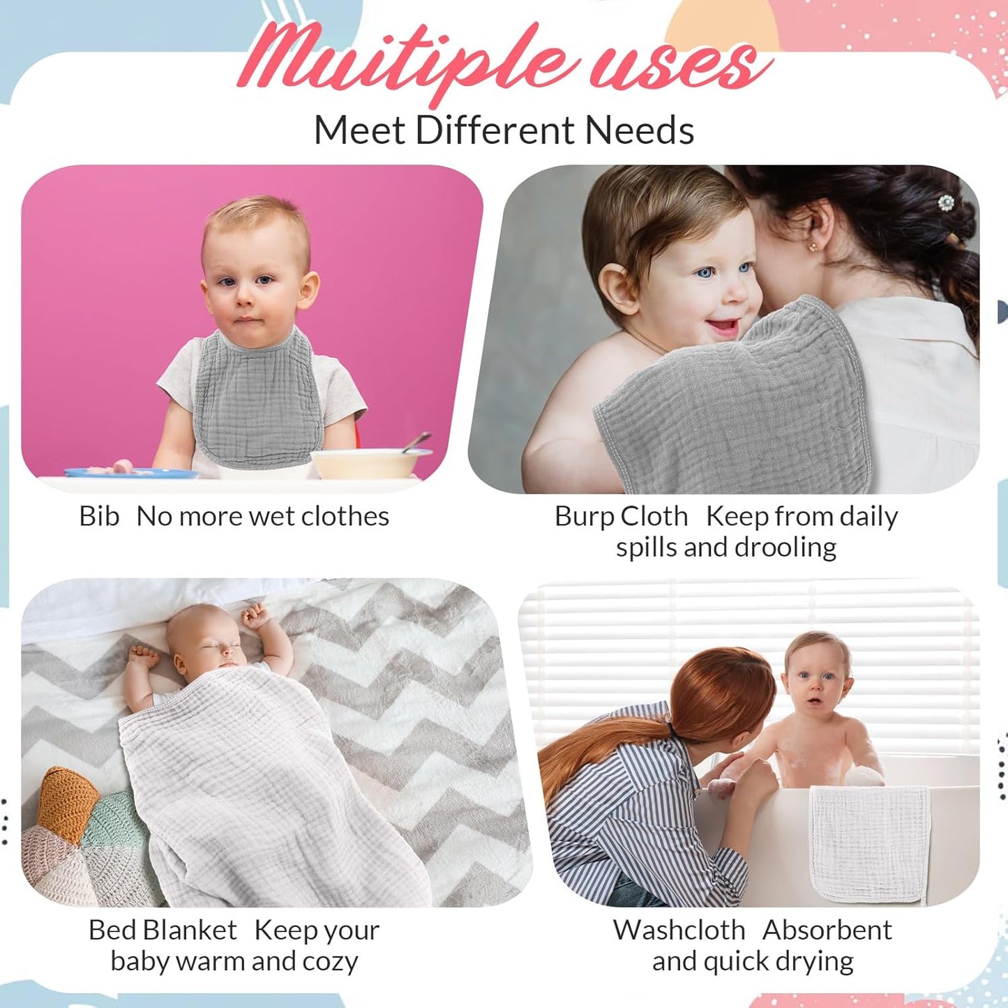 6 Pcs Muslin Hooded Bath Towels Washcloths and Bibs Set, Muslin Cotton Baby Towels Absorbent Hooded Blanket Towel Infant Bibs for Boys Girls Newborn Infant Essentials(White, Light Gray)