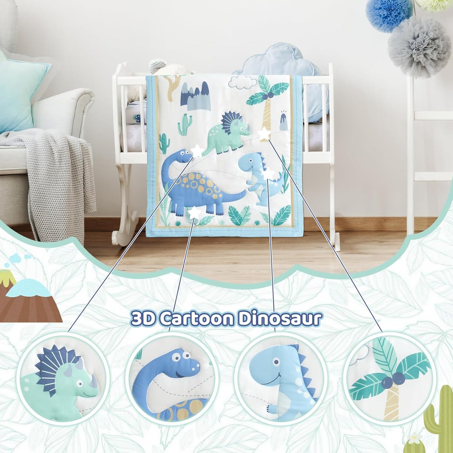 Wowelife Dinosaur Crib Bedding Set for Boys Light Blue, Premium 3-Piece Baby Bedding Set, Nursery Crib Set, Newborn, Infant & Toddler Nursery Bed Set, Light Blue Dinosaur