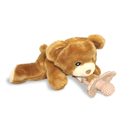 RaZbaby Bear RaZbuddy w/RaZberry Teething Relief Pacifier – Soothes Sore Gums w/Nature-Inspired Texture, 100% BPA-Free Silicone Teether, Detachable Stuffed Animal – 3 Months+ Teether, Coconut