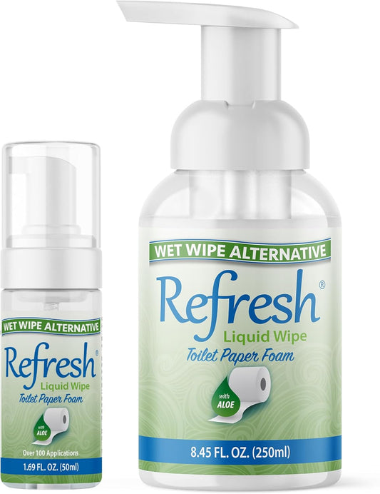 Refresh Liquid Wipe: Toilet Paper Foam | Eco-Friendly Wet Wipe Alternative with Witch Hazel and Aloe | Plumbing and Septic Safe | 250ml/50ml | 10.14 oz Total | Combo Pack