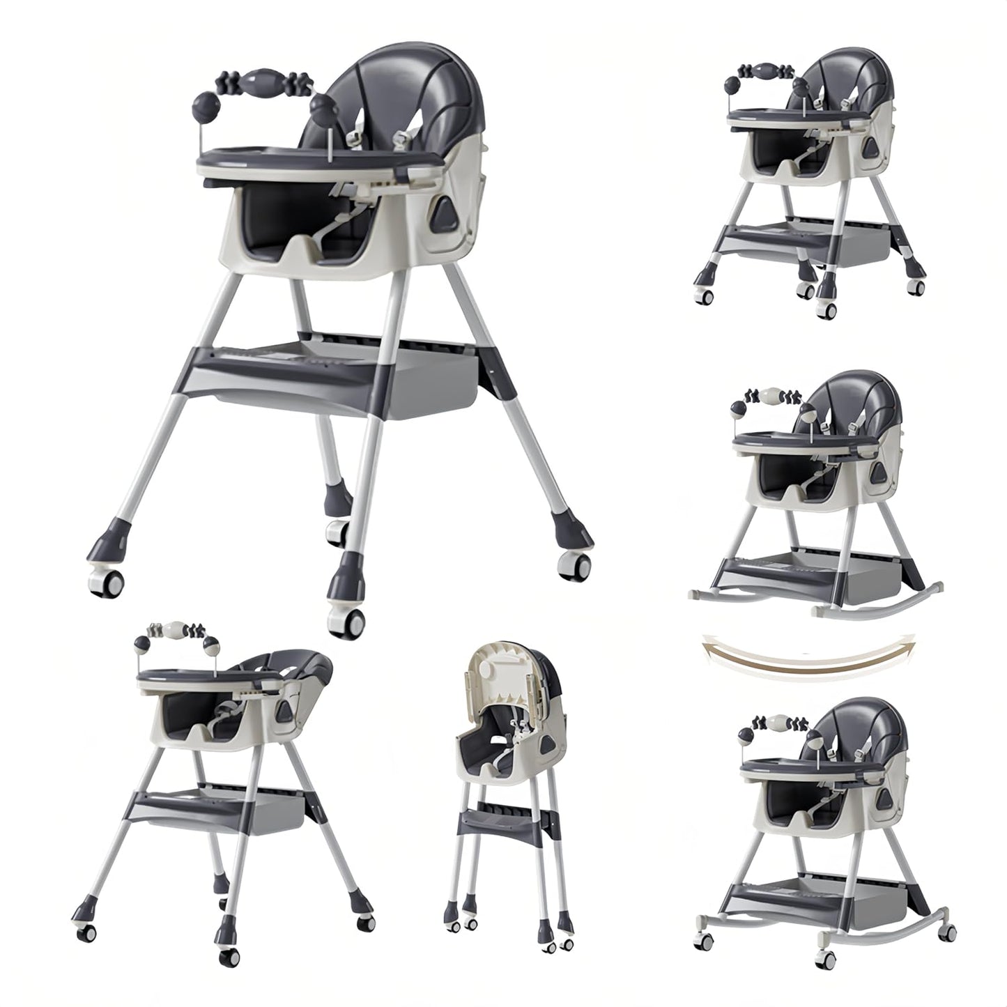 Nine point nine PU Leather High Chairs with Rocking Mode, High Chair for Babies and Toddlers, Adjustable and Easy to Fold Highchair, Highchairs with Double Tray (Grey)