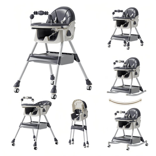 PU Leather Baby High Chairs with Rocking Mode, Foldable Multi-Functional Baby Eating Chair with Adjustable Backrests and Heights, High Chair with Wheels and Double Trays（560 Grey）
