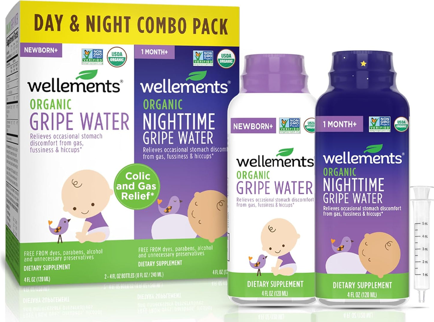 Wellements Organic Gripe Water for Babies Day & Night Combo Pack (4 Fl Oz) - Infant Gripe Water Newborn Calms Occasional Stomach Discomfort from Baby Gas, Colic, Hiccups & Fussiness - USDA Certified