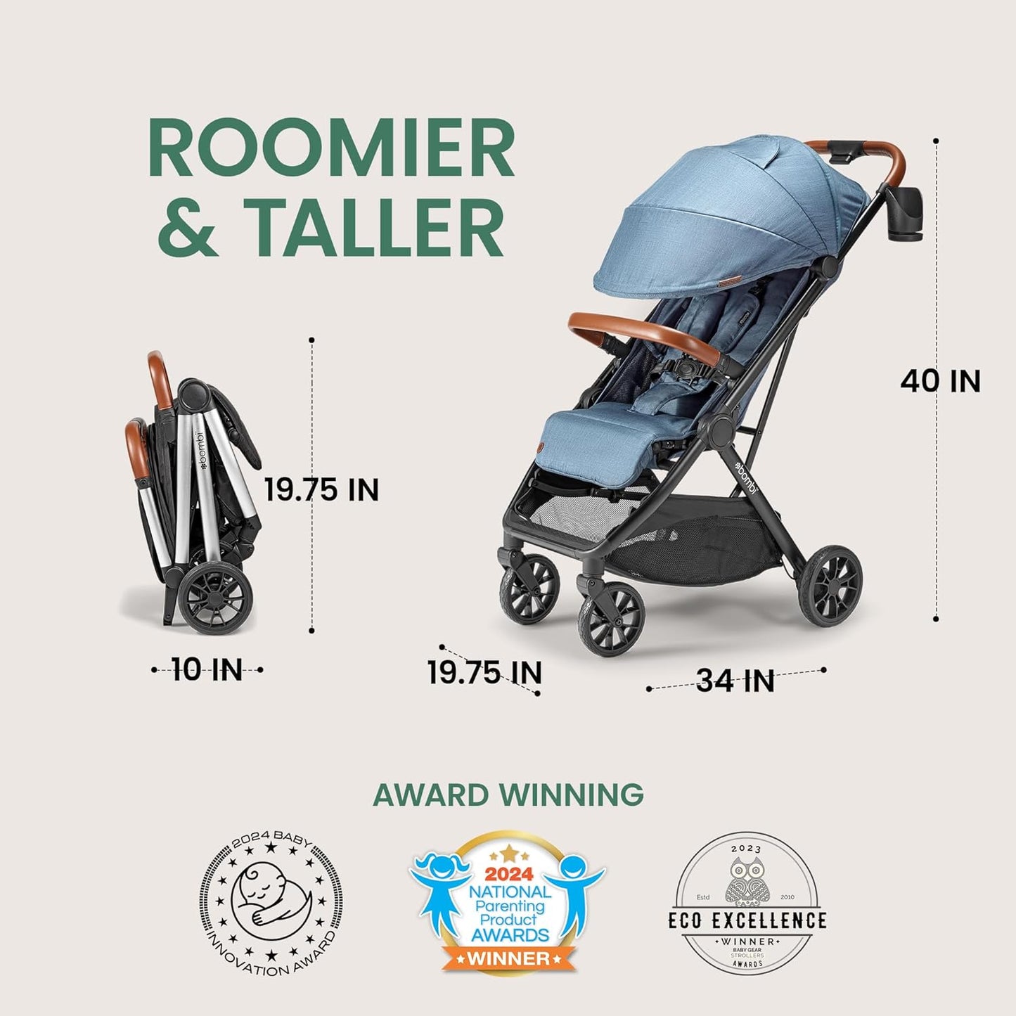 Bombi Bēbee V2 Lightweight Baby Stroller - Premium Vegan Leather, One-Hand Fold, Infinite Recline, Aircraft-Grade Aluminum Frame, XXL Canopy, and Ample Storage Umbrella Stroller - Storm Blue