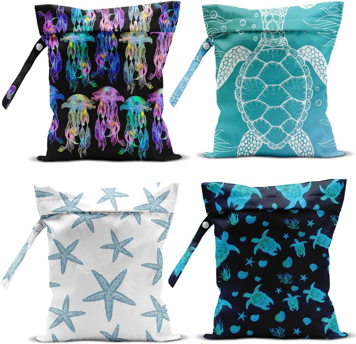 4 Pack Wet Bag for Swimsuit, Beach Travel Essentials Wet Dry Bag, for Sunscreen Toiletry Dirty Clothes Yoga Gym Diaper, Friend Summer Beach Vacation Gifts. Starfish, sea turtles, jellyfish