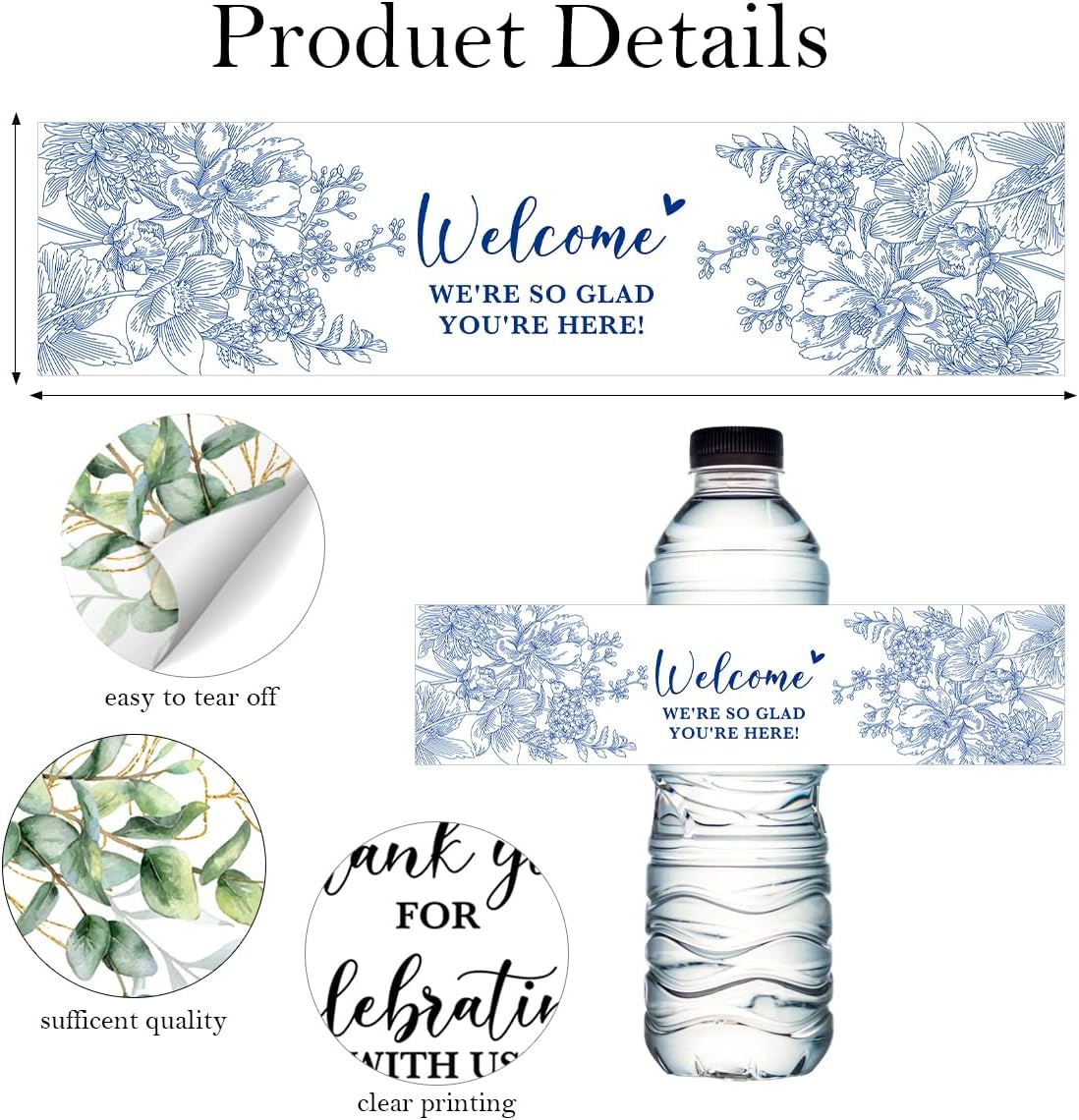 100PCS Wedding Water Bottle Labels Waterproof Greenery Floral Wraps Sticker for Water Bottle Baby Shower Bottle Label for Bridal Shower Party Welcome A08