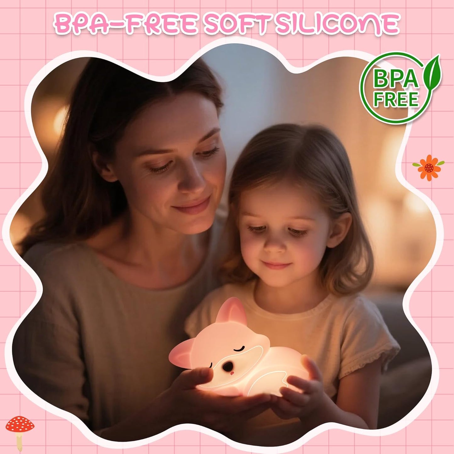 Fox Lamp for Girls, Pink Silicone Squishy Fox Shaped, 20 Mins Auto-Off Rechargeable Dimmable Night Light, Fox Gifts for Nursery Baby Girl Women, Christmas Idea