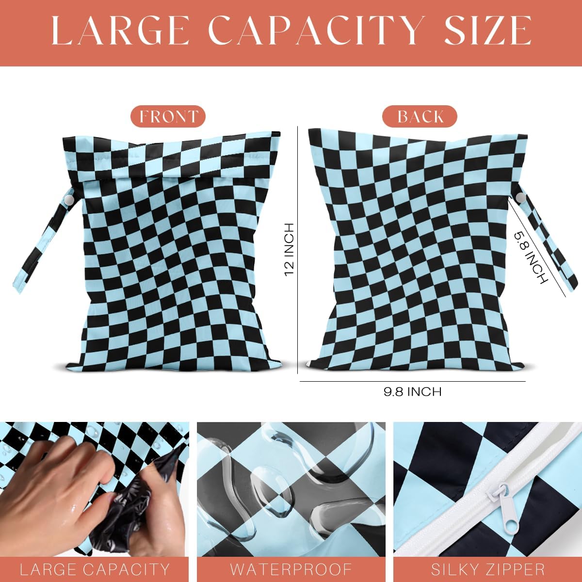 4 Pack Multicolor Checkered Wet Bag Waterproof Washable Reusable Wet Dry Bag for Swimsuit Clothes Cloth Diaper Travel Beach Pool Yoga Gym Toiletries Gift for Women Bestie Friend Birthday Christmas
