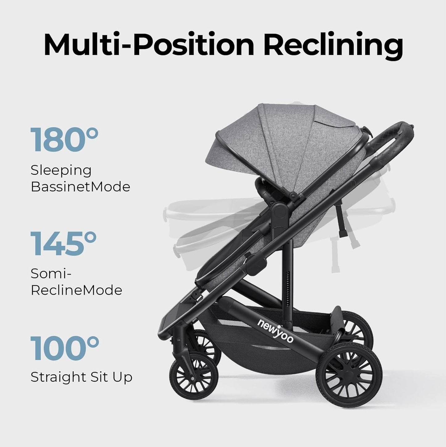 newyoo Bassinet Stroller for Baby, Nestro 516M, Convertible Infant Strollers w Reversible Seat & Cup Holder, 2-in-1 Rear-Facing Pram from Newborn to Toddler, One-Hand Easy Fold, Grey