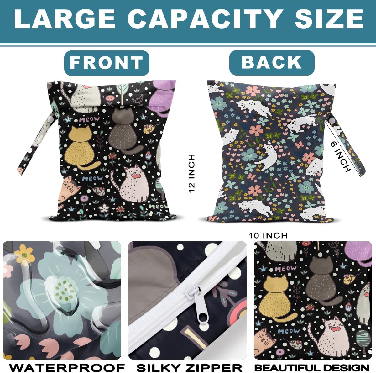 2Pcs Cat Wet Bag 12x10 Inch, Flowers Waterproof Reusable Wet Dry Bags, Floral Washable Travel Laundry Bags for Swimsuit Beach Diapers Dirty Yoga Gym Clothes, Cat Gifts for Women Friend Travelers
