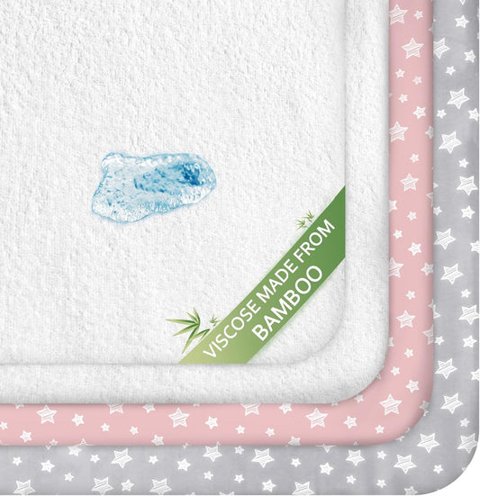 Crib Sheets & Waterproof Crib Mattress Protector for Boys 4 Pack Set, Viscose, Waterproof Crib Sheets Mattress Pad Cover, Grey & Pink