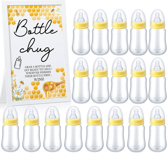 Roowest Bottle Chug Baby Shower Game Favors Including Bee Theme Wooden Sign and 18 Pcs Baby Bottles for Gender Reveal Party Supplies