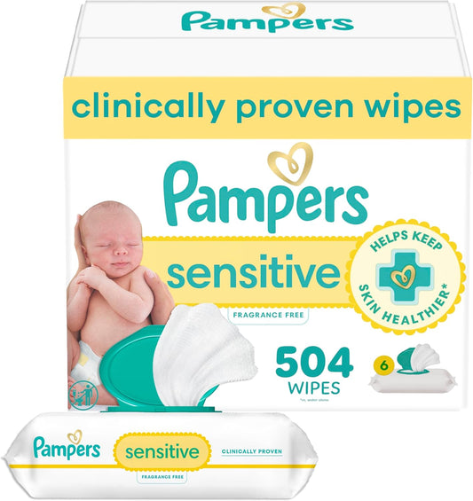 Pampers Baby Wipes Sensitive, Water Based Hypoallergenic and Unscented 504 Total (6 Flip-Top Packs)