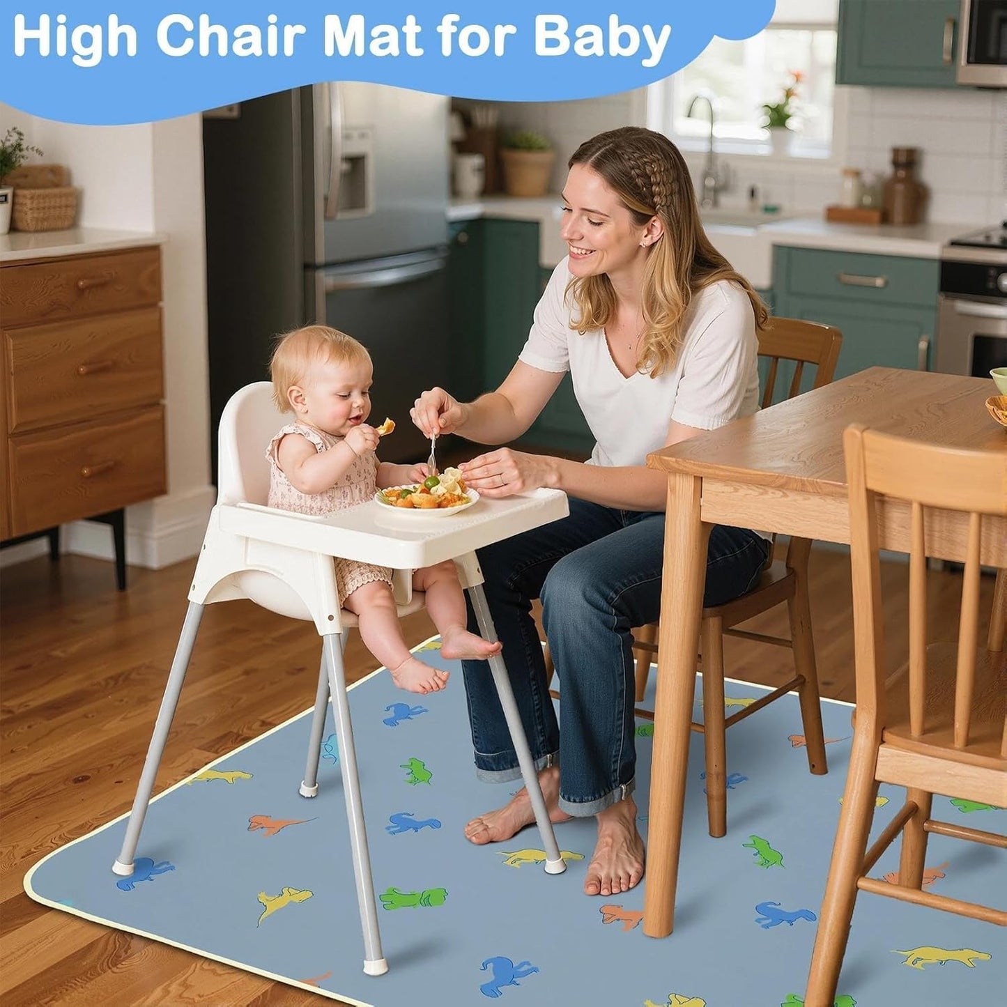 Splat Mat for Under High Chair 42 x 42 Inch Waterproof Baby Splash Mat with Non Slip Bottom Reusable Portable Highchair Mat for Floor Food Catcher for High Chair, Blue Dinosaur