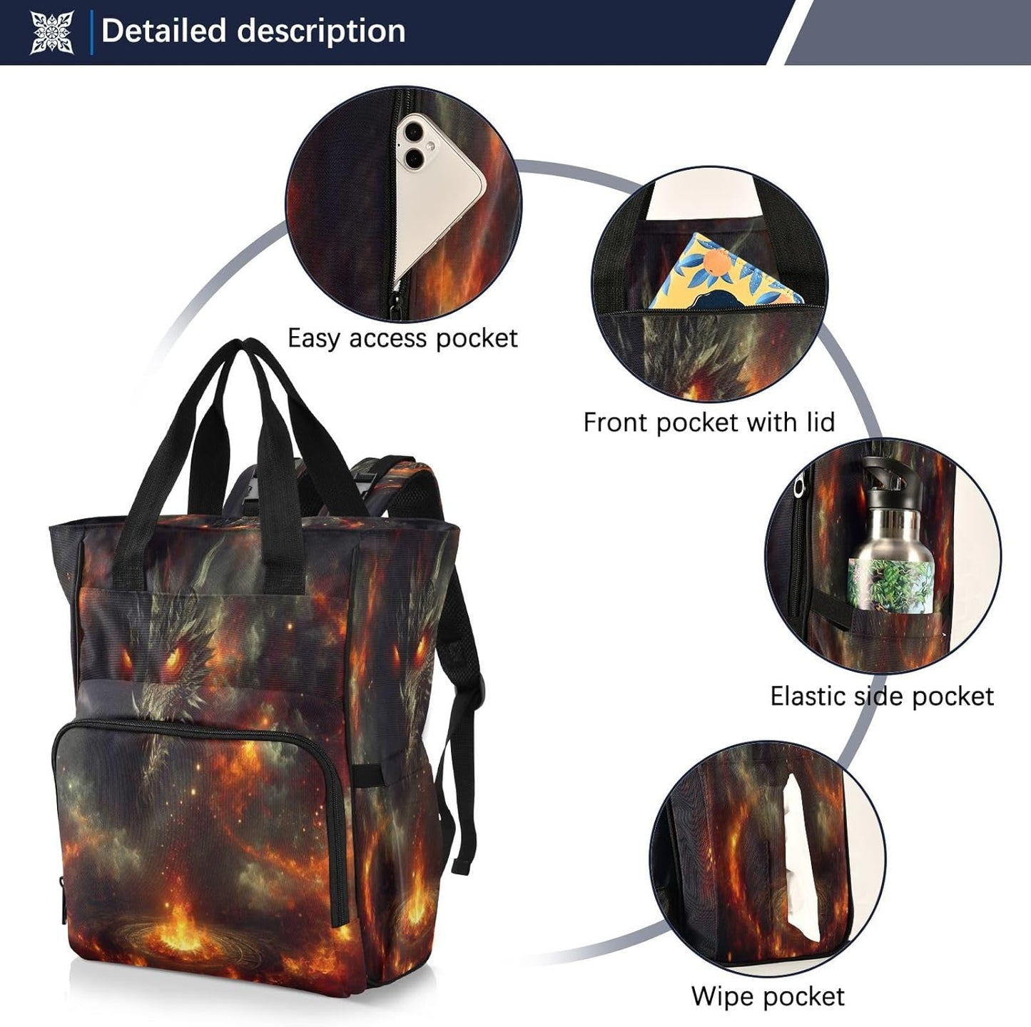 Dragon Fire Dungeon Diaper Bag Backpack, Unisex Travel Baby Backpack Diaper Bags with Stroller Straps & Pacifier Case, Large Capacity Waterproof Diaper Backpack