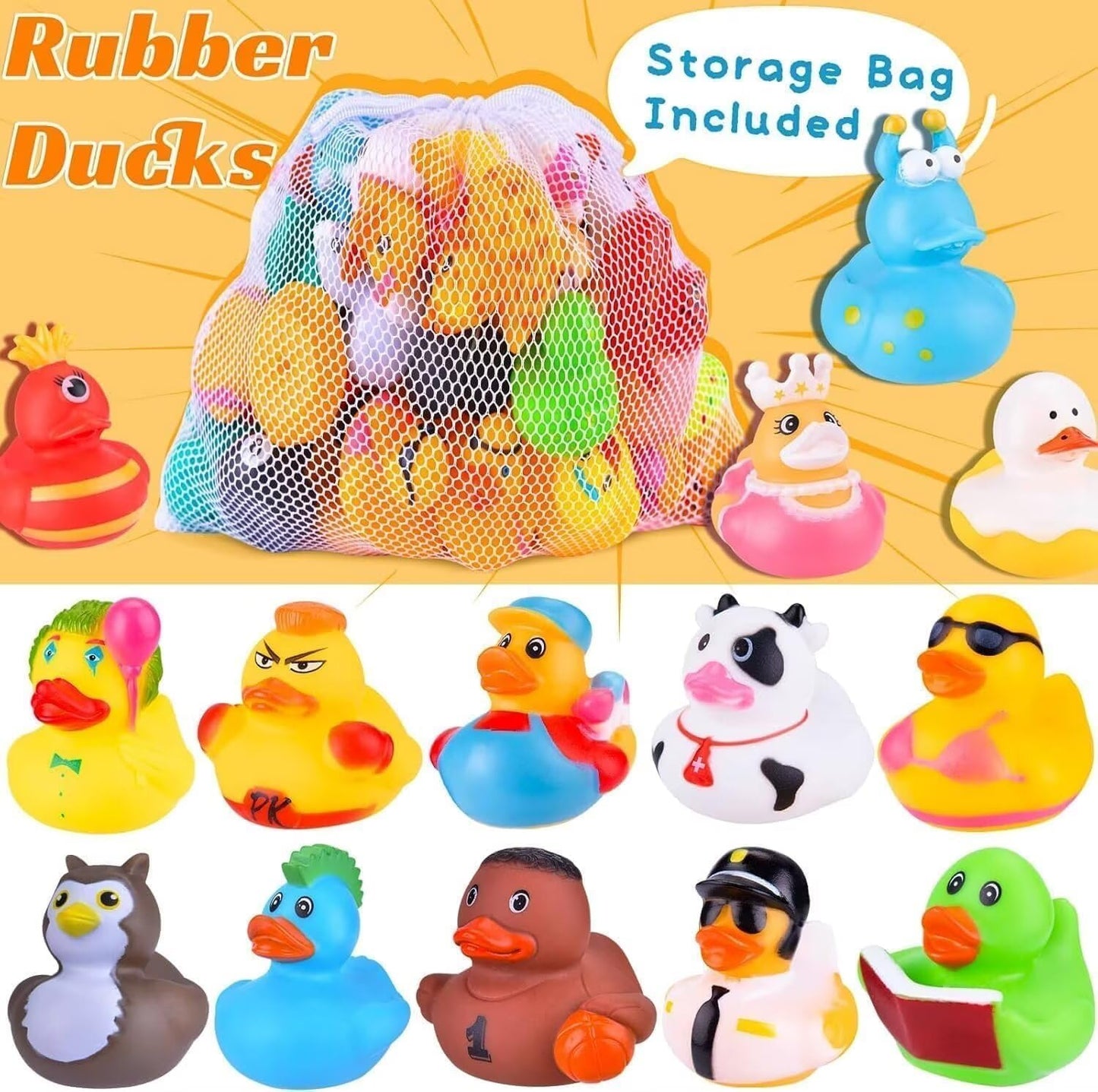 Jeep Ducks Assortment - 110 Packs Small Rubber Duckies for Toddler Baby Bath Toys, Floater, Pool Toys, Kids Party Favors with Mesh Carry Bag