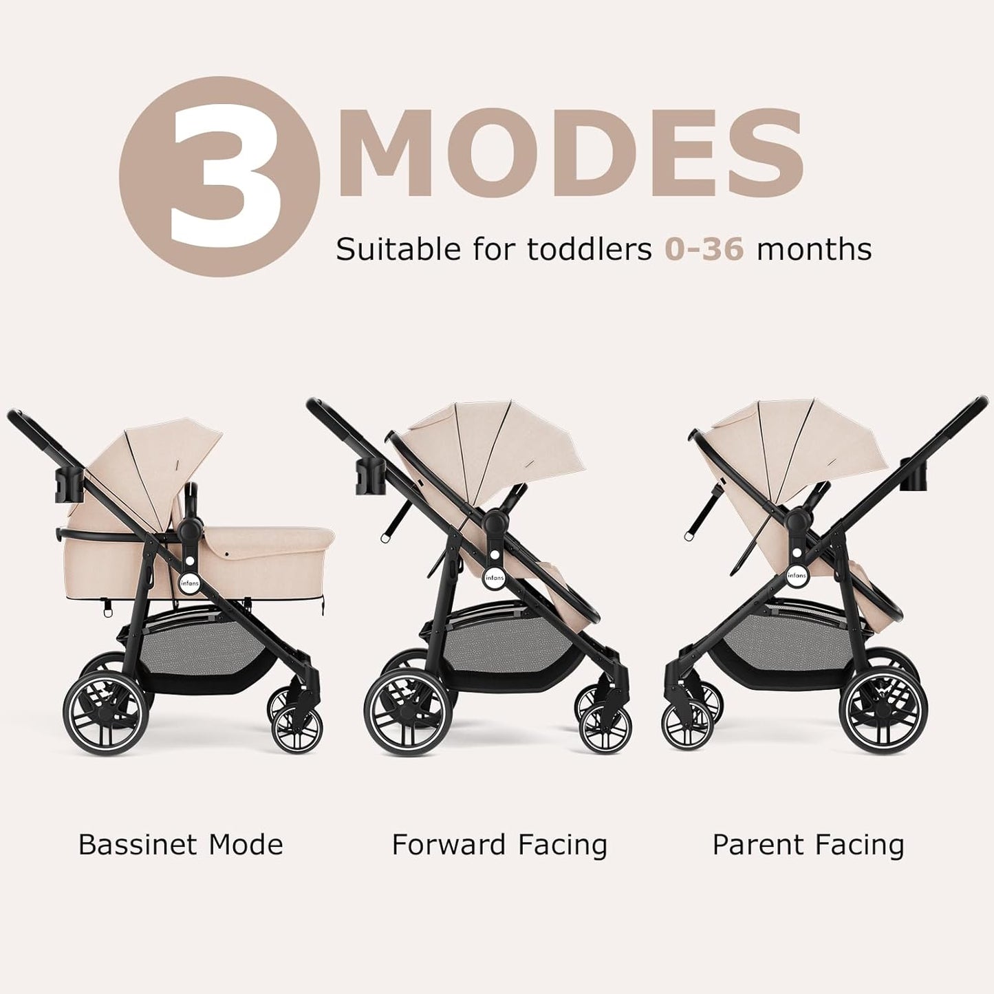 INFANS 2 in 1 Baby Stroller, High Landscape Infant Stroller & Reversible Bassinet Pram, Foldable Pushchair with Adjustable Canopy, Cup Holder, Storage Basket, Suspension Wheels (Khaki)