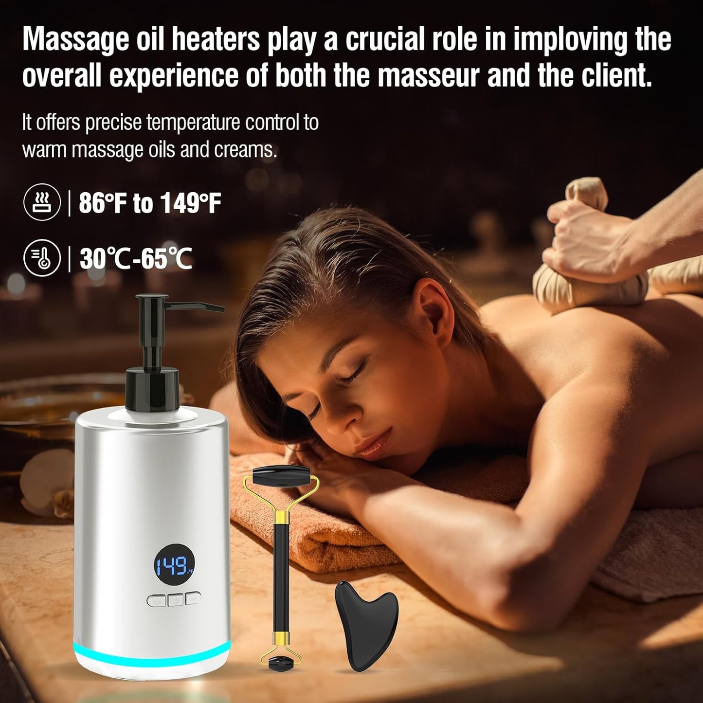 Massage Oil Lotion Warmer, Massage Oil Heater for SPA Massage Therapy and Personal Use, Portable Body Oil Warmer Dispenser with Two Massage Bottles, Adjustable Temperature(86-149°F), Silver