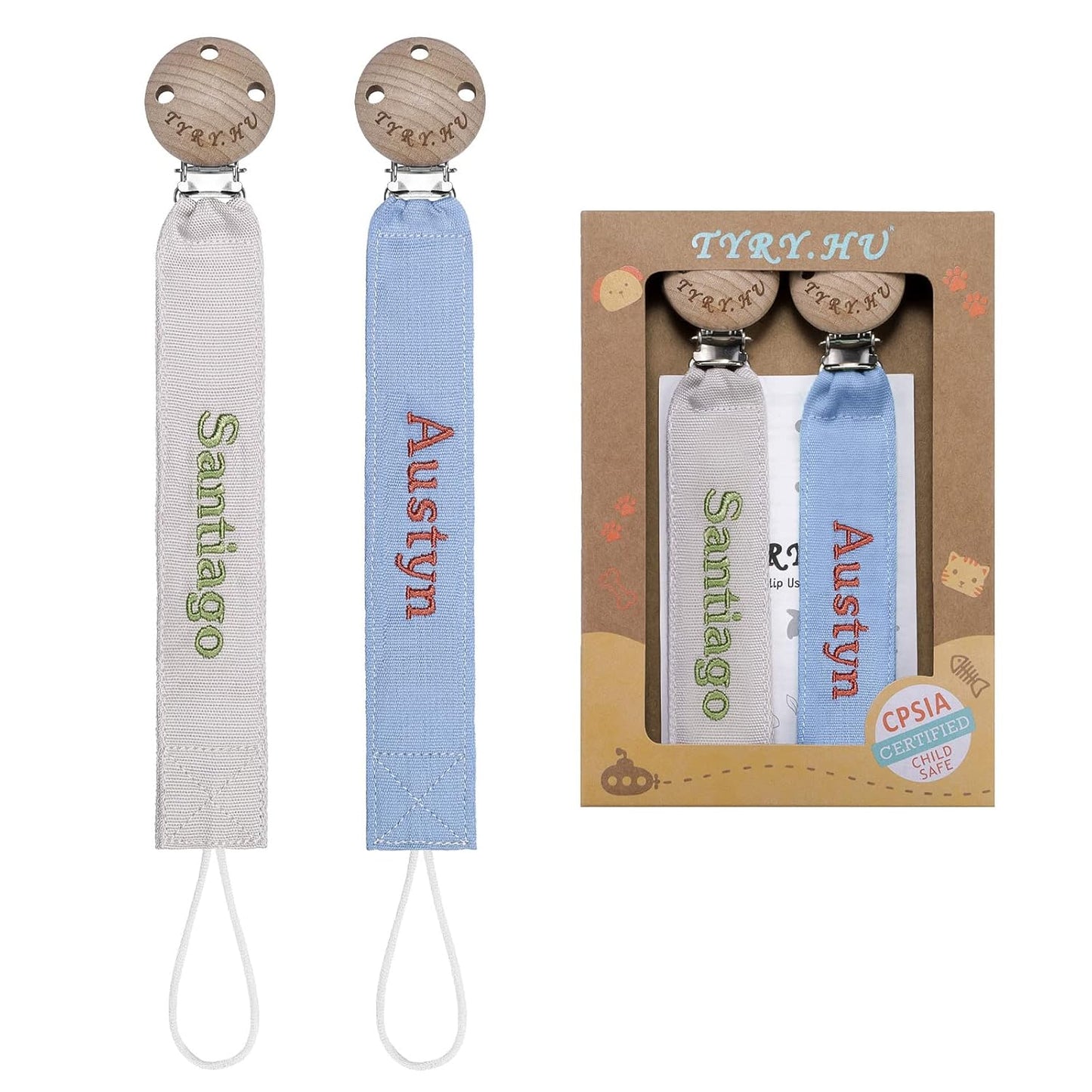 TYRY.HU Personalized Pacifier Clip with Name, Embroidery Webbing Pacifier Holder for Baby Girls and Boys, Neutral Pacifier Leash Universally Fit All Pacifiers & Baby Toys, 2 Pack Baby Gift(Grey, Blue)