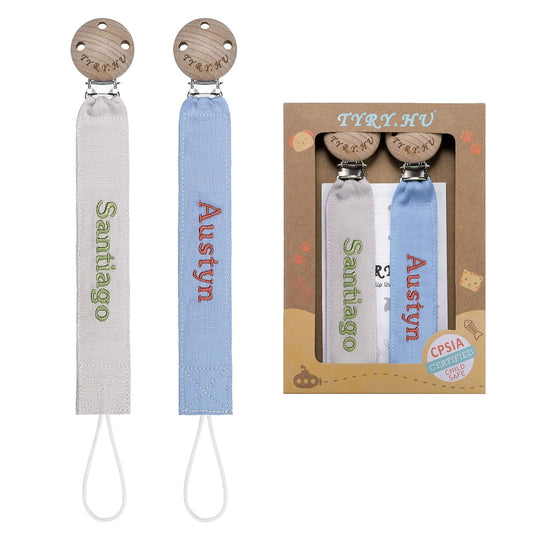 TYRY.HU Personalized Pacifier Clip with Name, Embroidery Webbing Pacifier Holder for Baby Girls and Boys, Neutral Pacifier Leash Universally Fit All Pacifiers & Baby Toys, 2 Pack Baby Gift(Grey, Blue)