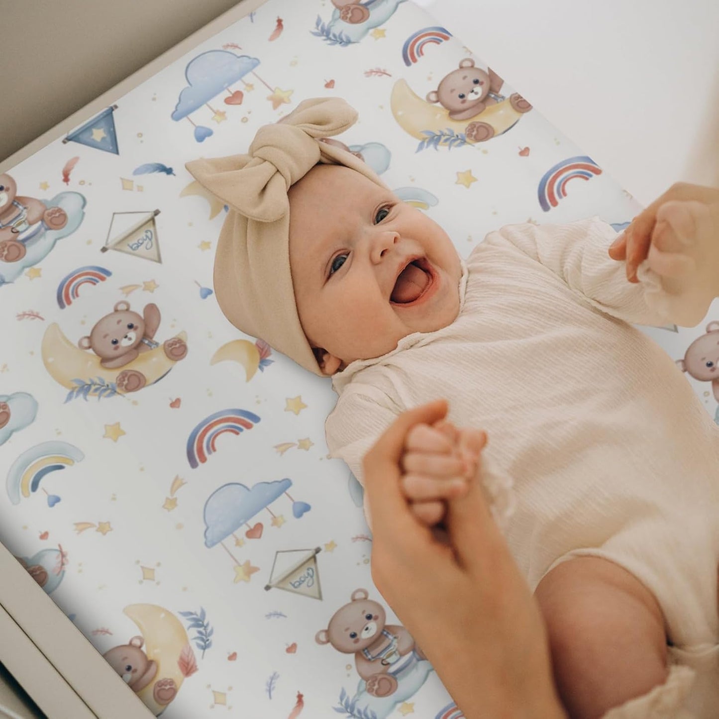 Watercolor Bear Rainbow Blue Changing Pad Covers for Baby Boys Cute Bears Moon Stars Clouds Fitted Change Table Covers Mats Animal Soft Diaper Changing Table Sheets for 32''×16'' Contoured Pad