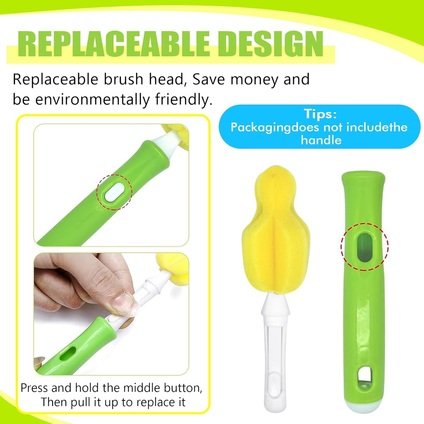 INVODA Nipple Brush Replacement Heads 8PCS Sponge Bottle Brush Head Baby Bottle Nipple Cleaner Detachable Nipple Brush Refill Replacement Head (Yellow)