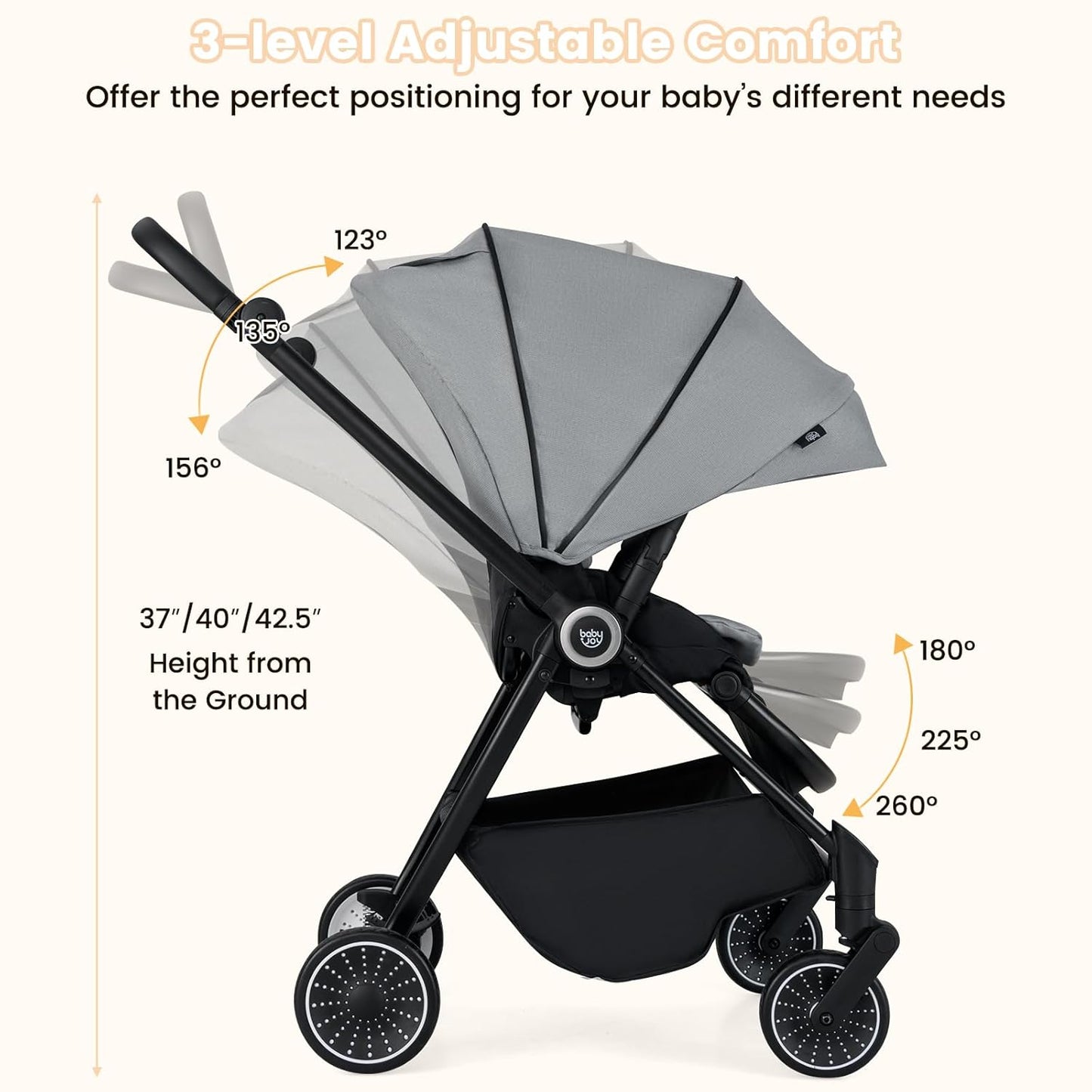 BABY JOY Baby Stroller, Foldable Toddler Stroller with Reversible Seat, Adjustable Backrest/Canopy/Handle/Footrest, Storage Basket, Suspension Wheels, Aluminum Frame (Gray)